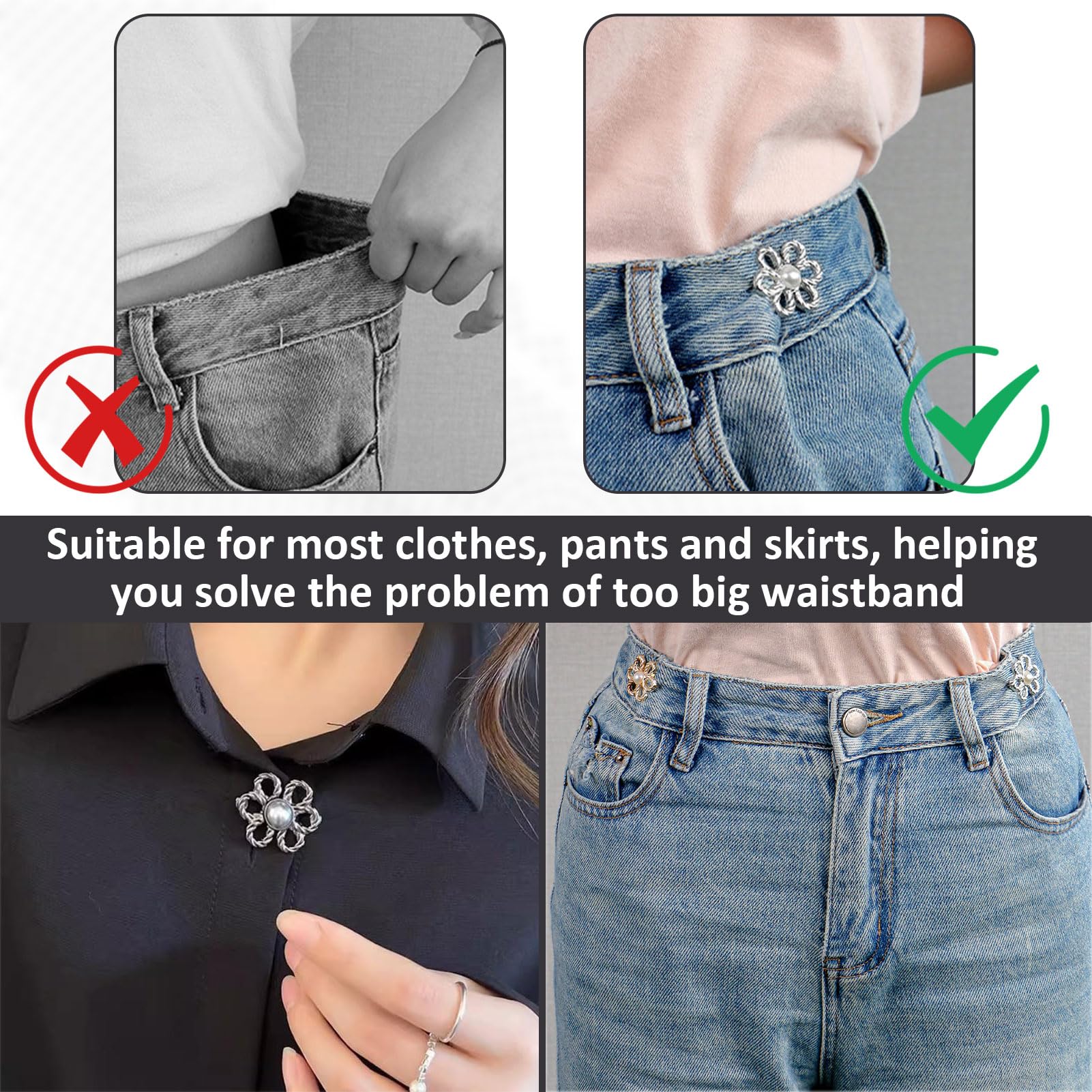 Tucnoeu 8 pezzi di cintura per pantaloni stretti, clip per stringere i pantaloni, clip regolabili in vita per jeans e gonne (nero