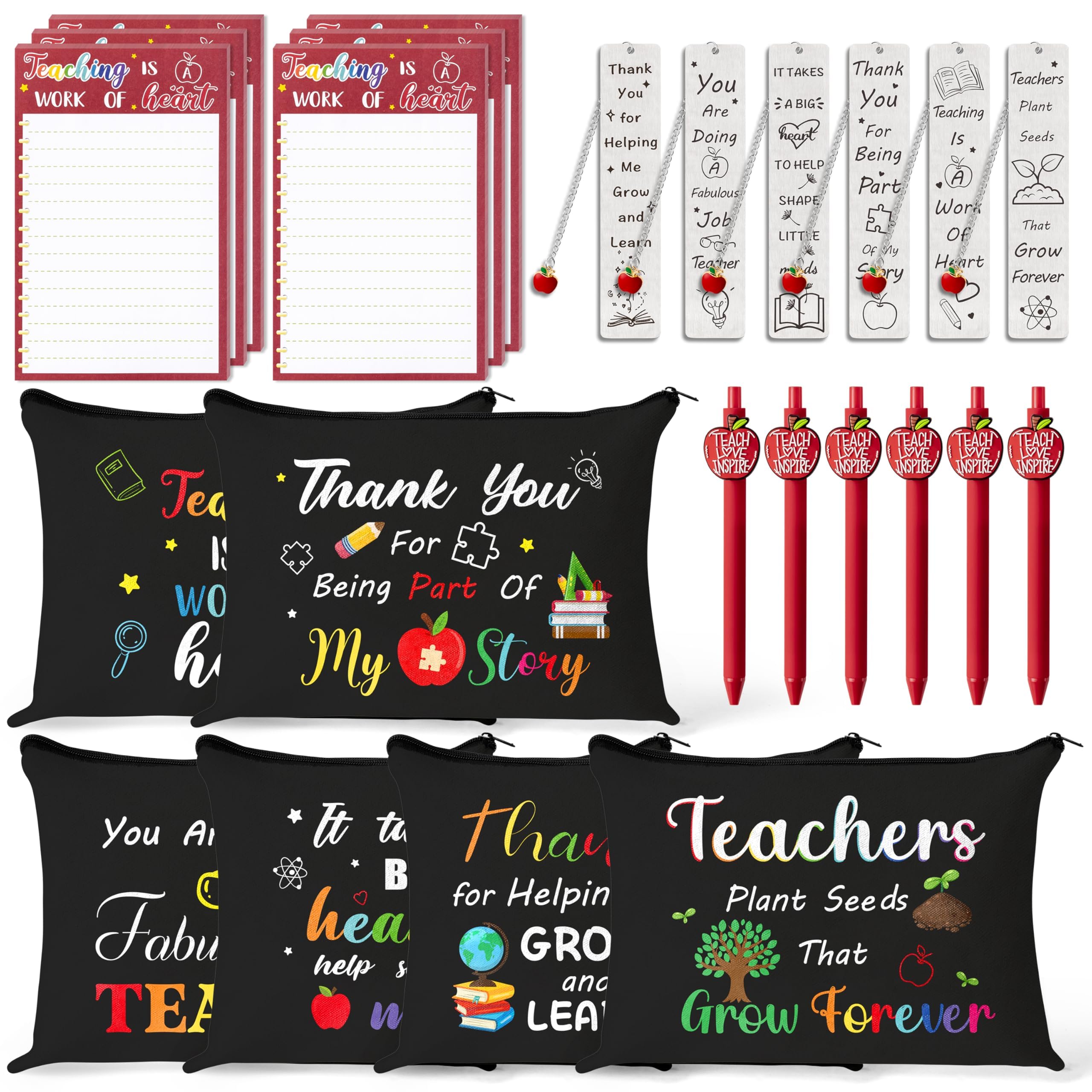 CY2SIDE Teachers Appreciation Gifts Set - 6 Pack End of Year Thank You Gift Bulk Include Black Canvas Cosmetic Bag Sticky Note Pen and Metal Bookmark