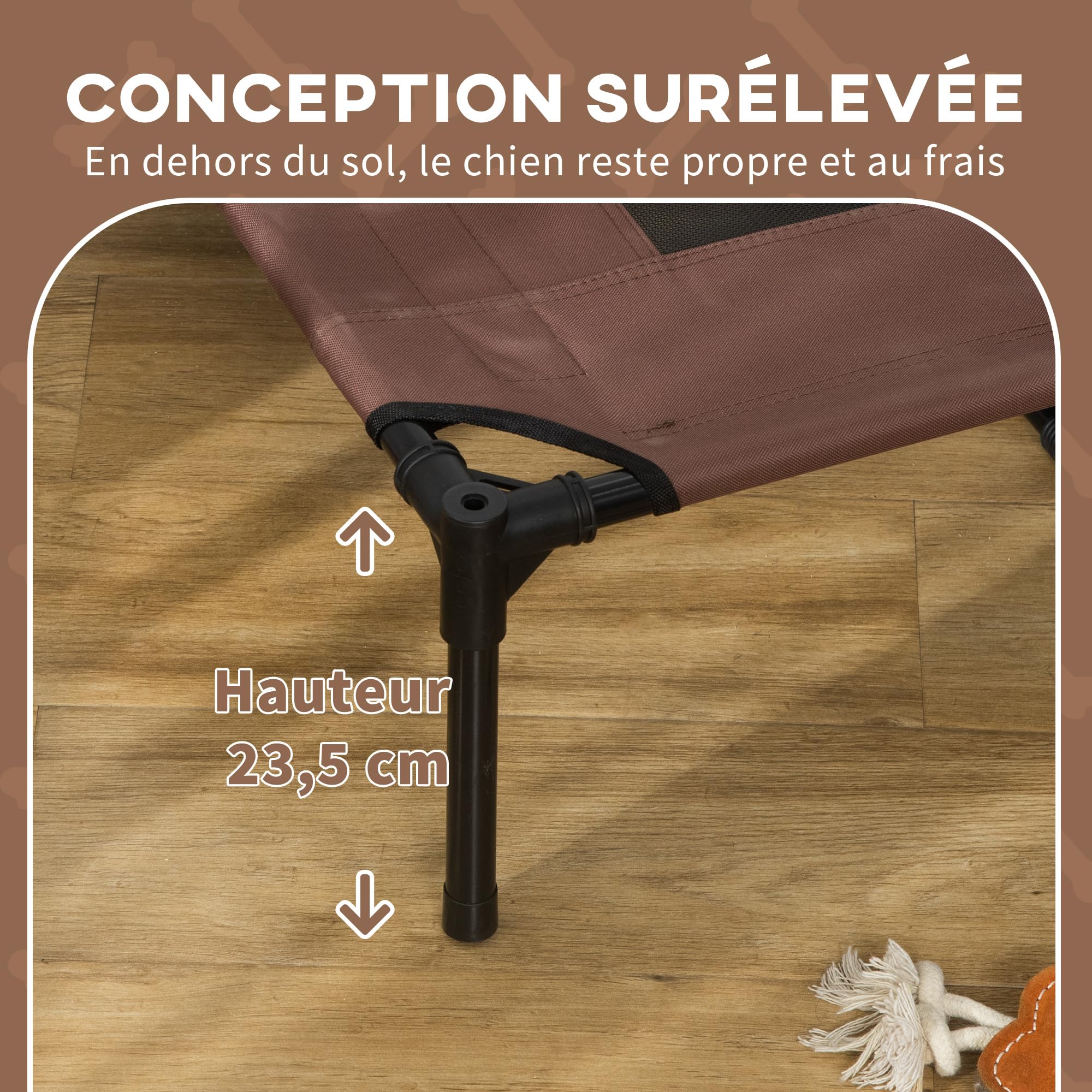 PawHut Lit pour Chien Chat sur Pieds Grand Confort Velum Anti-UV Tissu Oxford Micro-perforé + Parasol + Sac de Transport Inclus Marron Noir