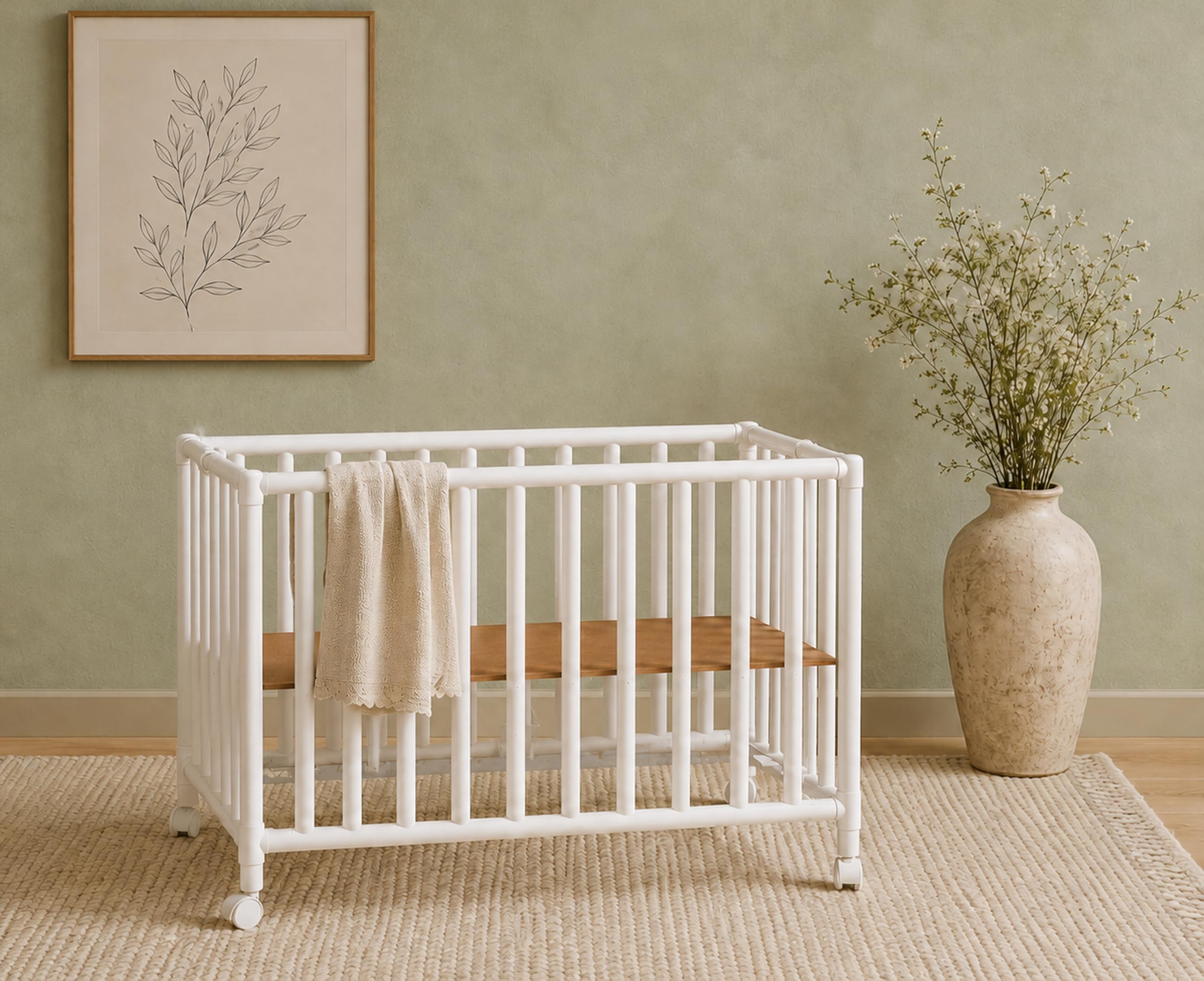 Kiddi Centre Folding Baby Cot/Crib on Wheels – Ultra-Compact 15 cm Fold, Lightweight 6 kg, BPA-Free Plastic, 2 Height Levels, Portable for Travel & Small Spaces, White