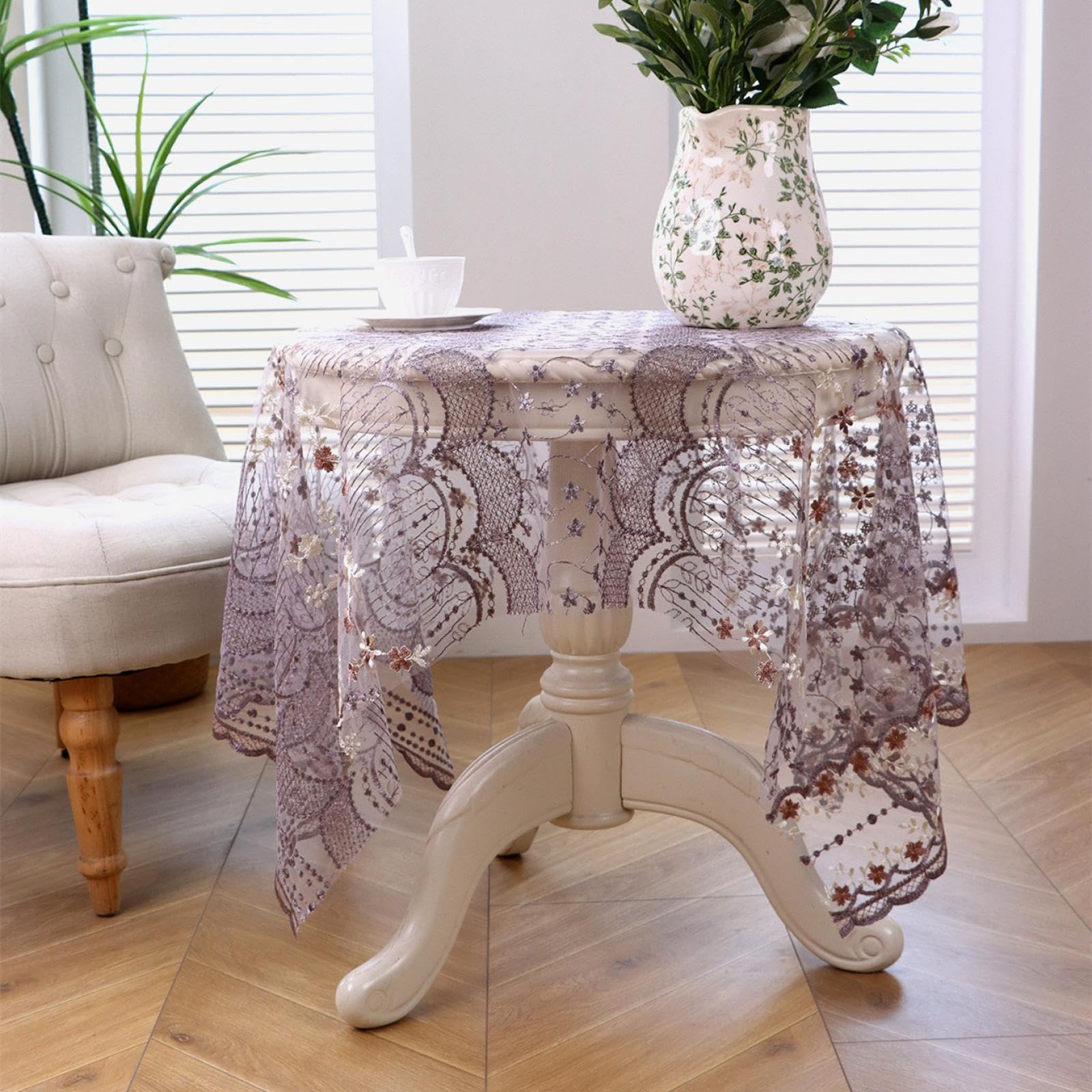 Nappe brodée fleurs napperon rectangulaire dentelle violette 130x100 cm pour décoration de table