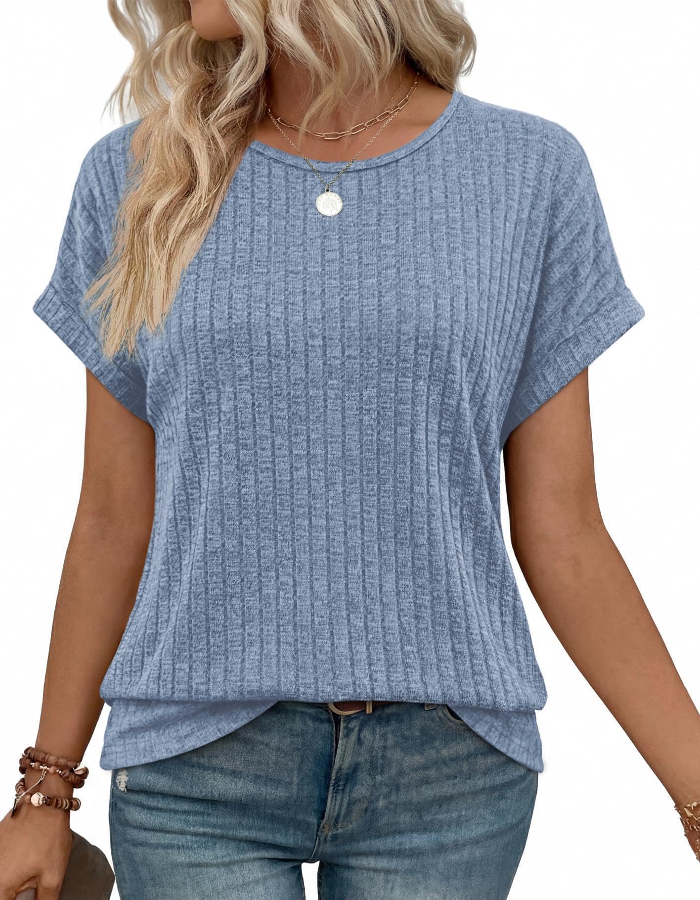 WIHOLL Women Textured Shirts Casual Cap Sleeve Tops Loose Fit 2026 Summer Spring Fashion Outfits Plain/Print - 3