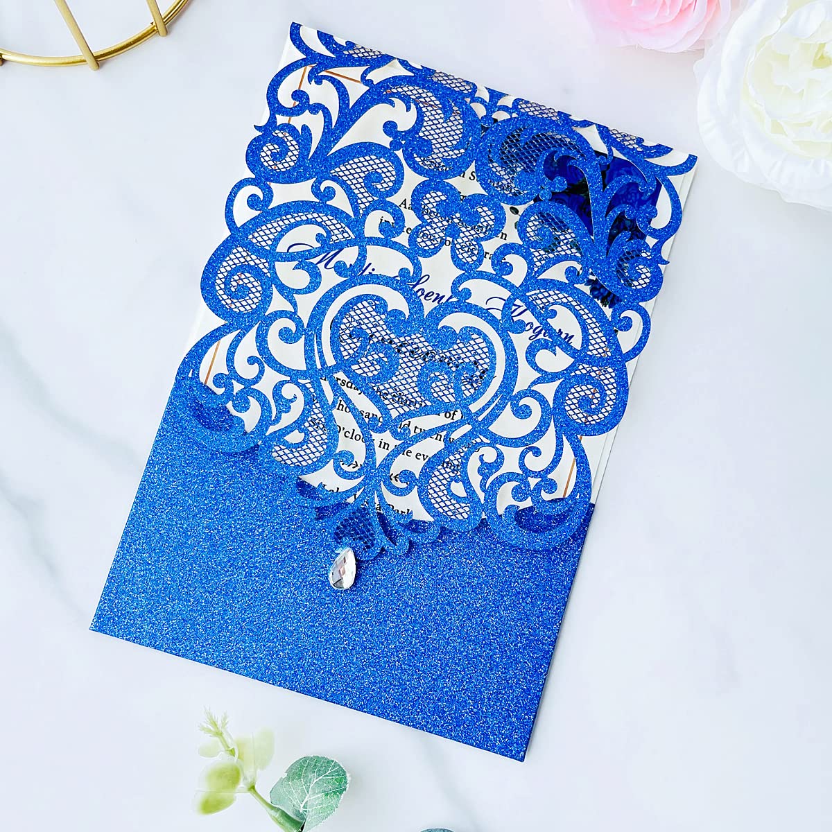 Hosmsua 20x Blu biglietti di invito nozze con busta, taglio laser inviti cuore fiore cavo con strass per matrimonio compleanno anniversario invito di nozze (blu glitter)