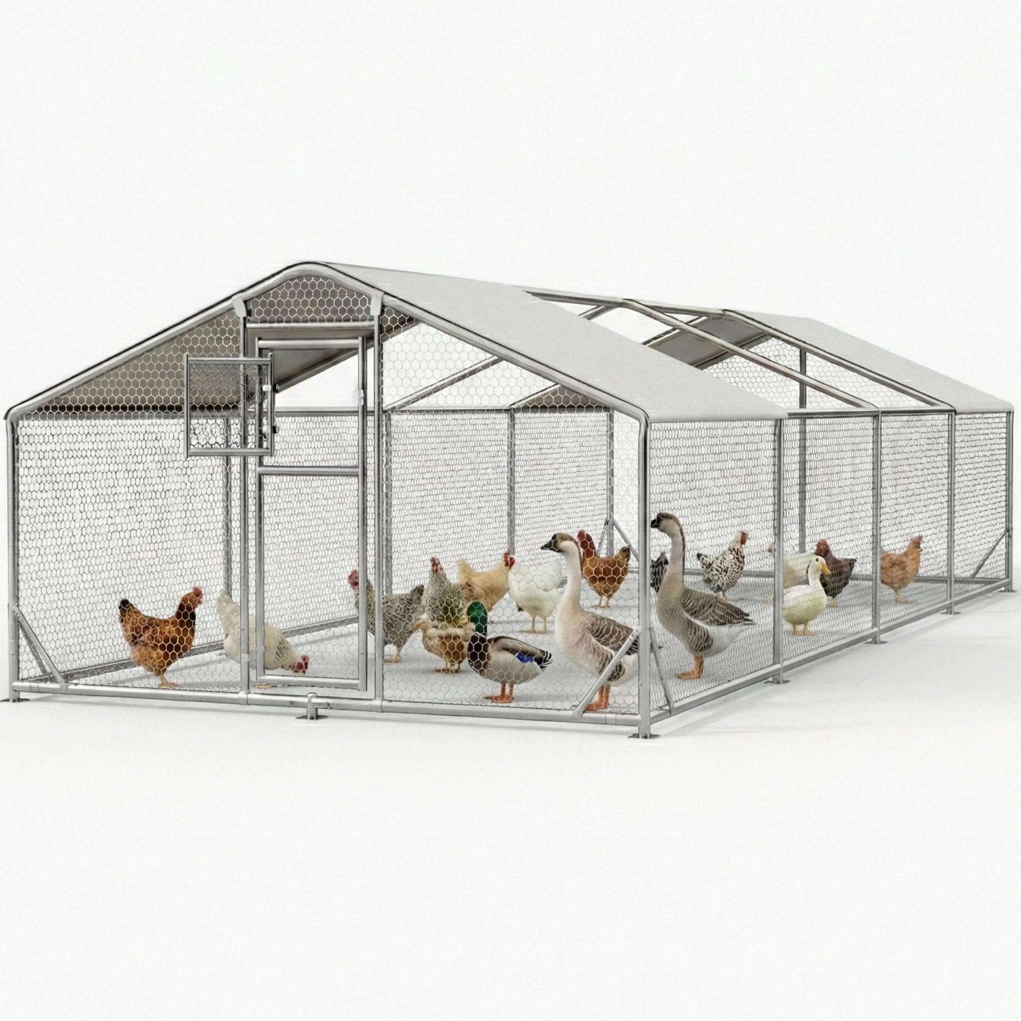 10x26FT Large Metal Chicken Coop, Dutch Door Chicken Run with Waterproof Cover and Chicken Wire, Walk in Chicken Coop for Hen House, Duck Coop and