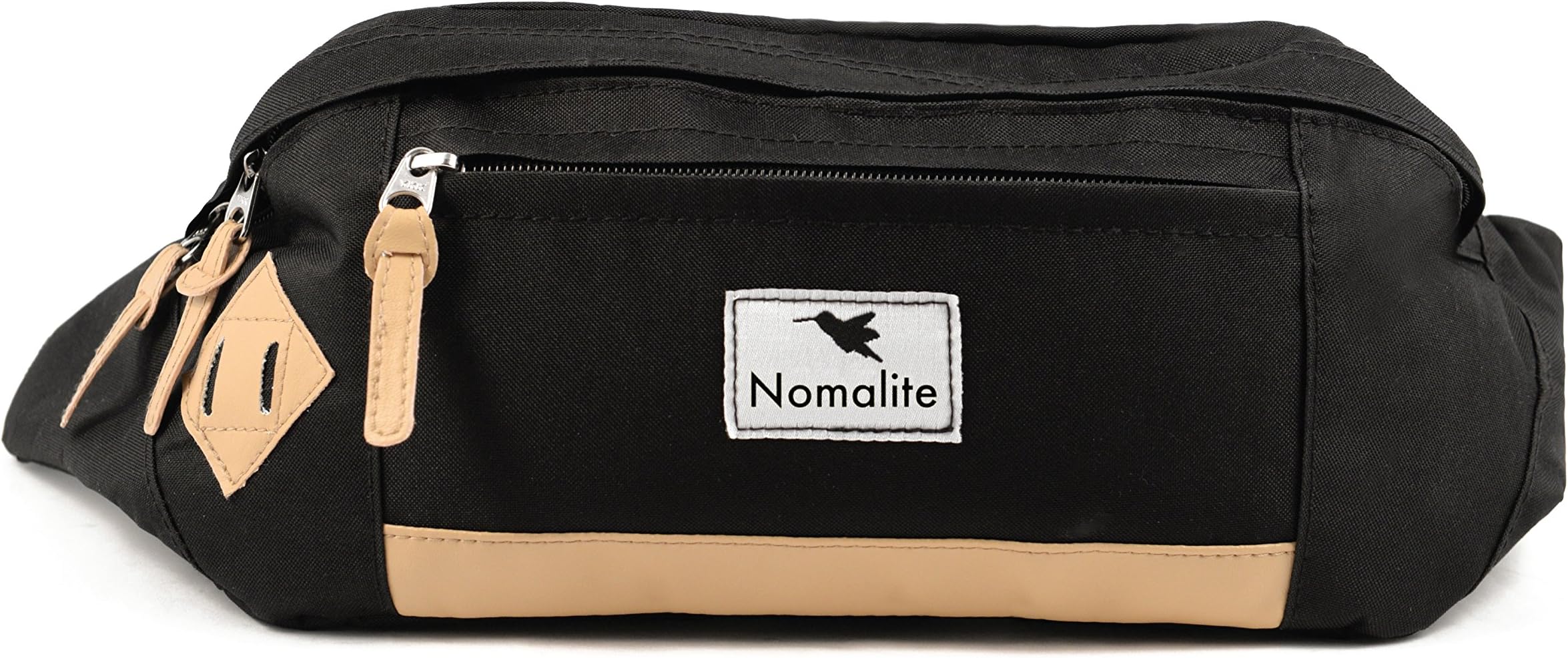 Outdoor Fanny Pack by Nomalite | Black Waterproof XL Waist Pouch for Men & Women with Leather Frame and Anti-Shock XXL Pocket for Smartphone/iPhone. Ideal bumbag for Travel, ski, Hiking, Festival.