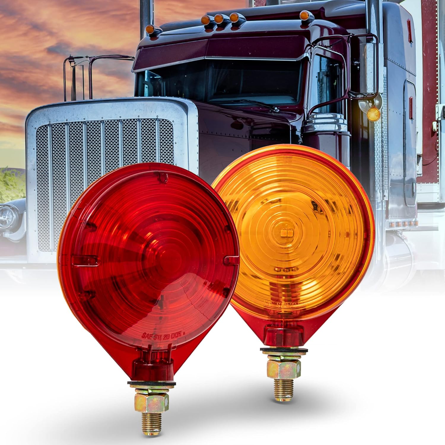 TRUE MODS 2pc 4" Round LED Pedestal Fender Light Set for Semi-Trucks [DOT Compliant] [SAE STIP] [Single Stud Mount] Amber/Red Fender Mount Lights for Kenworth International Peterbilt Mac Freightliner