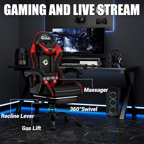 Miniatura 4 de Silla de juegos con reposapiés, estilo carreras, soporte lumbar, masajeador, silla de videojuegos con patas de metal, silla reclinable de respaldo