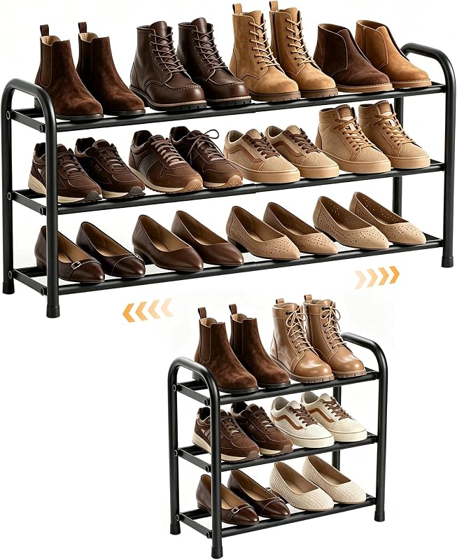 3 Tier Expandable Shoe Rack, Metal Small Shoes Shelf, Black | Free Standing Shoe Holder for 12 Pairs, Sturdy Shoe Organizer for Closet, Entryway, Under Bed ,Front Door, Bedroom