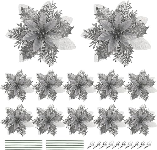 Miniatura 7 de TOYANDONA 12 flores de Pascua de Navidad, flores de pascua artificiales con purpurina, decoración de corona para fiesta en el hogar, árbol de