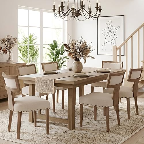 Miniatura 6 de HNY Juego de 4 sillas de comedor modernas de mediados de siglo, sillas de acento tapizadas en tela de lino estilo granja con respaldo curvado y