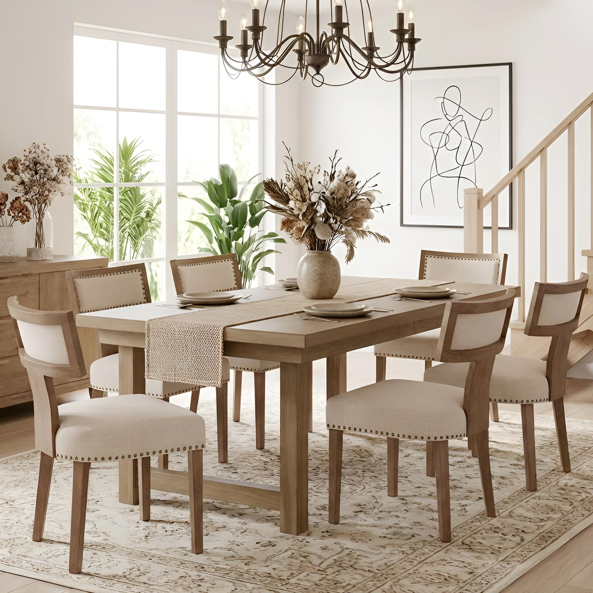 HNY Mid Century Modern Dining Chairs Set of 6, Farmhouse Linen Fabric Upholstered Accent Chairs Curved Nailhead Trim Backrest Kitchen Chairs, with Hardwood Frame, Beige