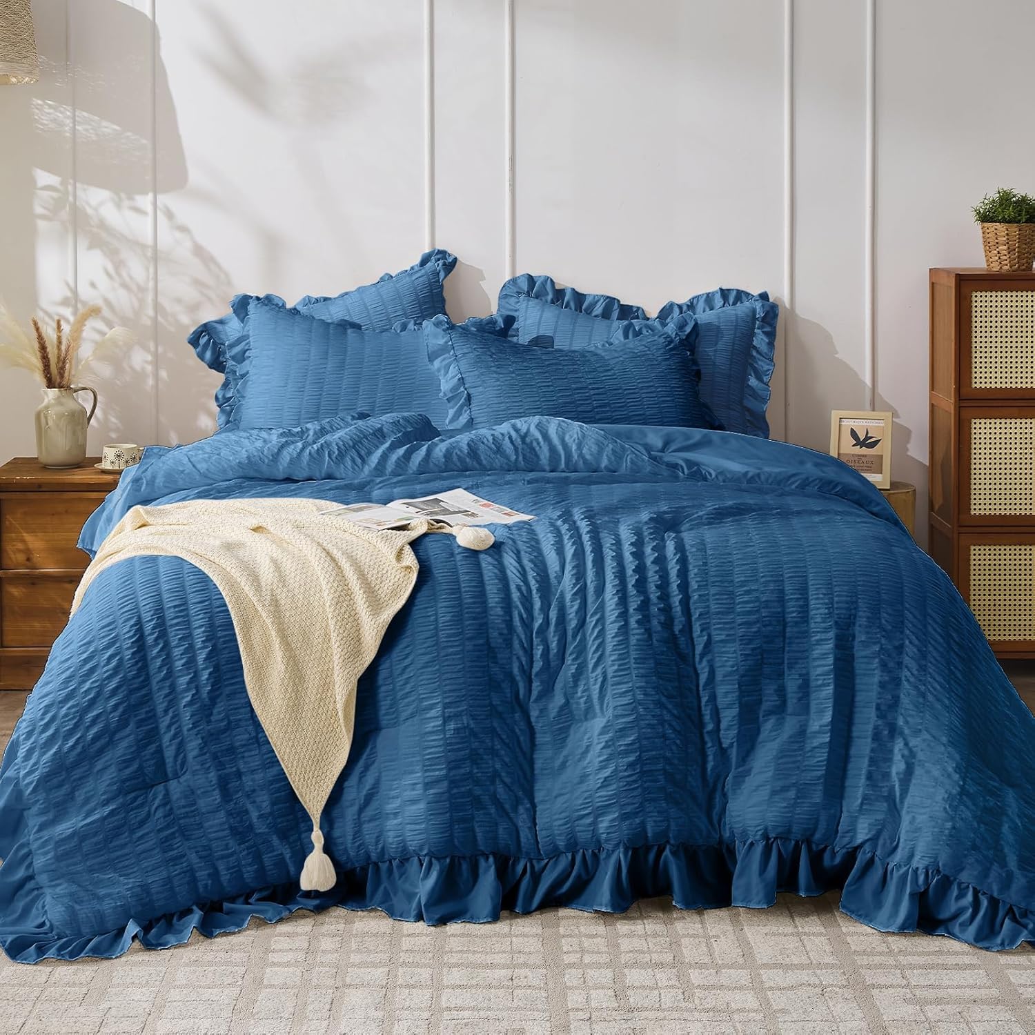 ( similar) JOLLYVOGUE Teal Queen Comforter Set, 3 Pieces Seersucker Comforters Queen Size, Lightweight & Fluffy Bedding Sets Queen for All Season with 1 Ruffle Comforter and 2 Ruffle Pillowshams Queen Teal