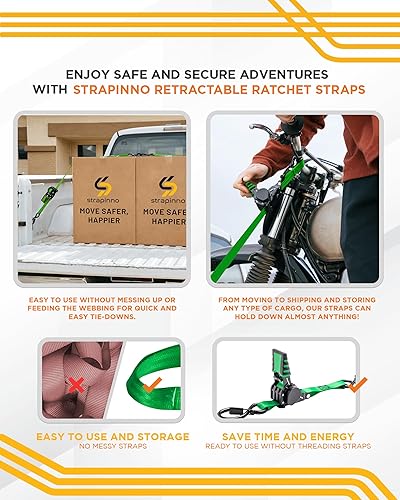 Vista 17 de Strapinno Paquete de 4 correas de trinquete retráctiles automáticas, 1 pulgada x 6 pies, 1500 libras de resistencia a la rotura cada una, correas