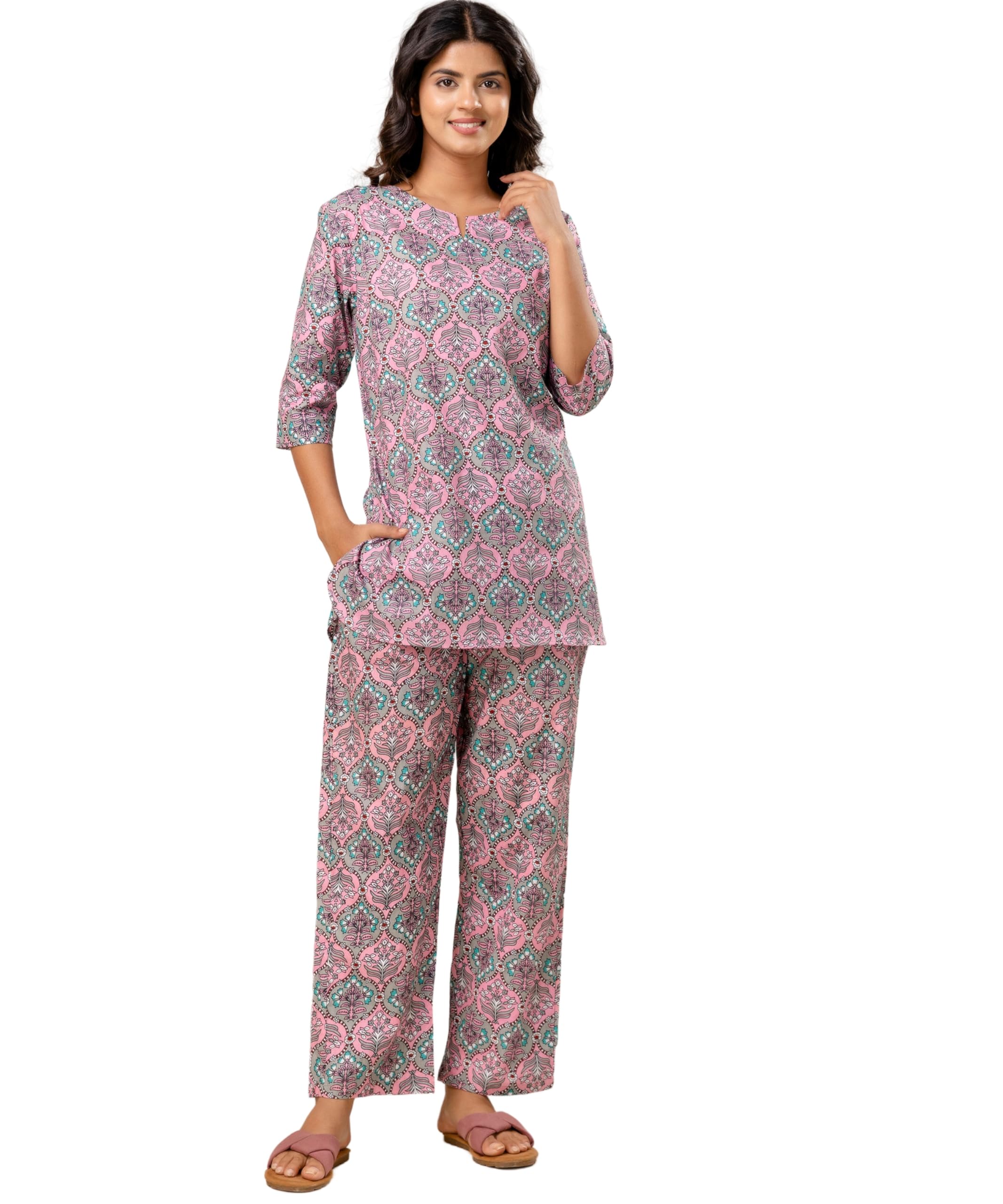 Pure Cotton Printed Night Suits Set for Women | Top and Pyjama Set for Girls-image-11
