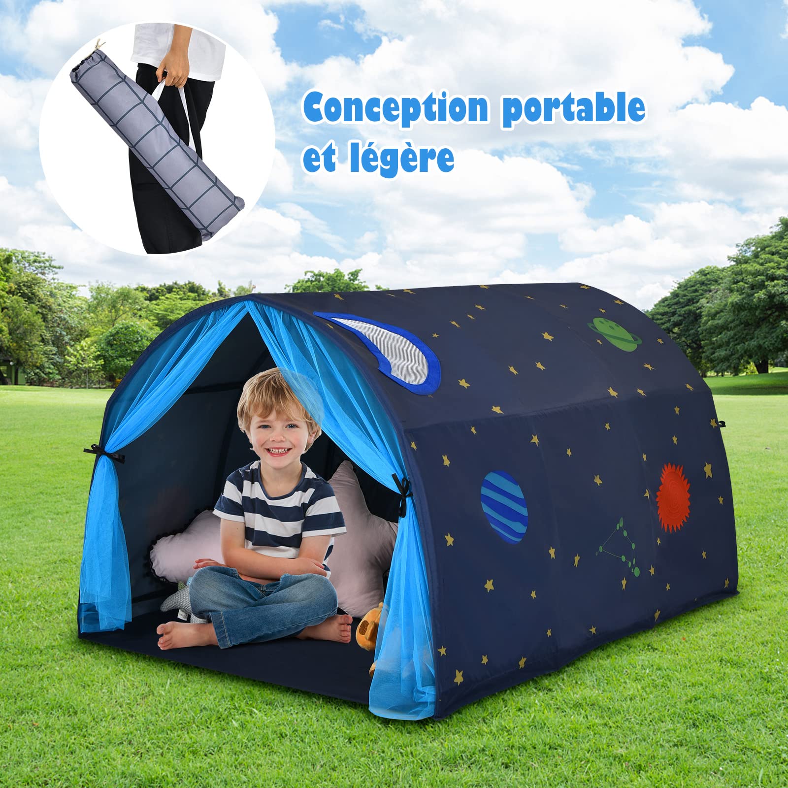 GOPLUS Tente de Lit Enfants, avec Double Rideau en Maille, Sac de Transport, Tente de Jeu Portable pour l'Intérieur & l'Extérieur, en Forme de Tunnel, Structure Stable, (Bleu)