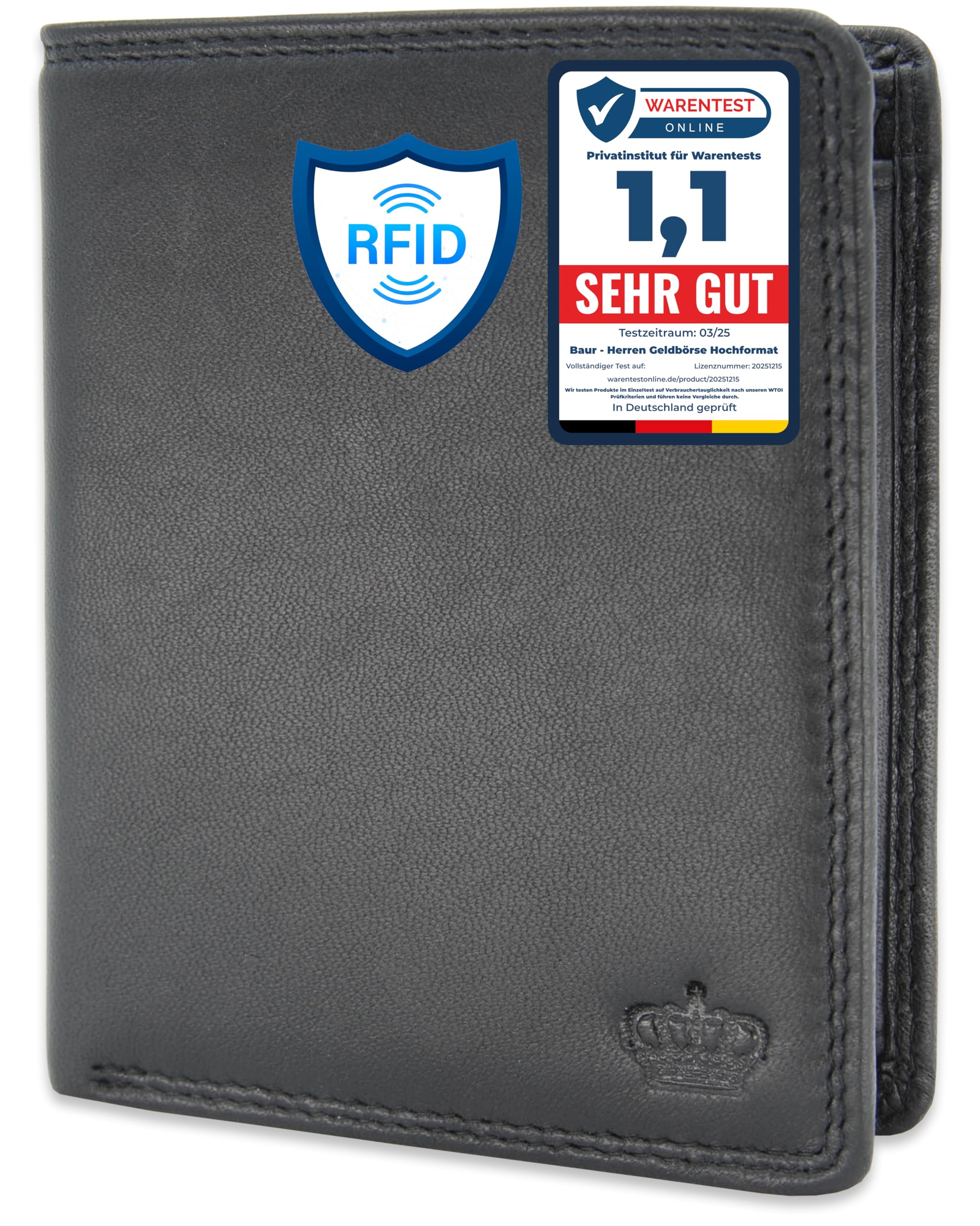 Baur Herren Geldbörse – Echtes Leder mit RFID-Schutz – Großes Portemonnaie im Hochformat aus Nappa-Leder mit 8 Kartenfächern – Großes Münzfach (Hochformat mit Druckknopf innen, Schwarz)
