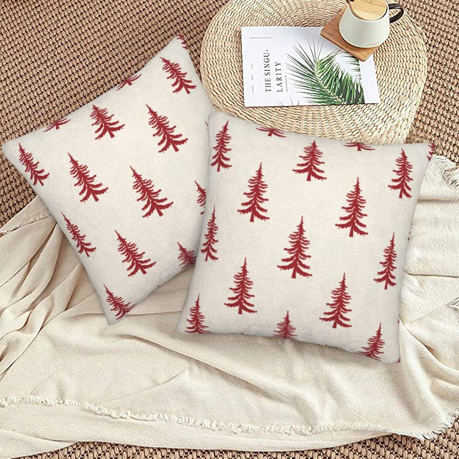 Christmas Pillow Covers 22 x 22 Inch Set of 2, White Red Chirstmas Tree Decorations Throw Pillow Covers Outdoor Winter Holiday Farmhouse Xmas Cushion Case Linen Square for Home Couch Sofa