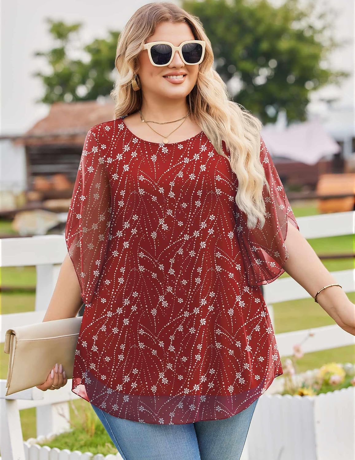 IN'VOLAND Plus Size 3/4 Sleeve Women Blouses Dressy Casual Double Layers Mesh Blouses Loose Fit Flowy Shirts - Image 2