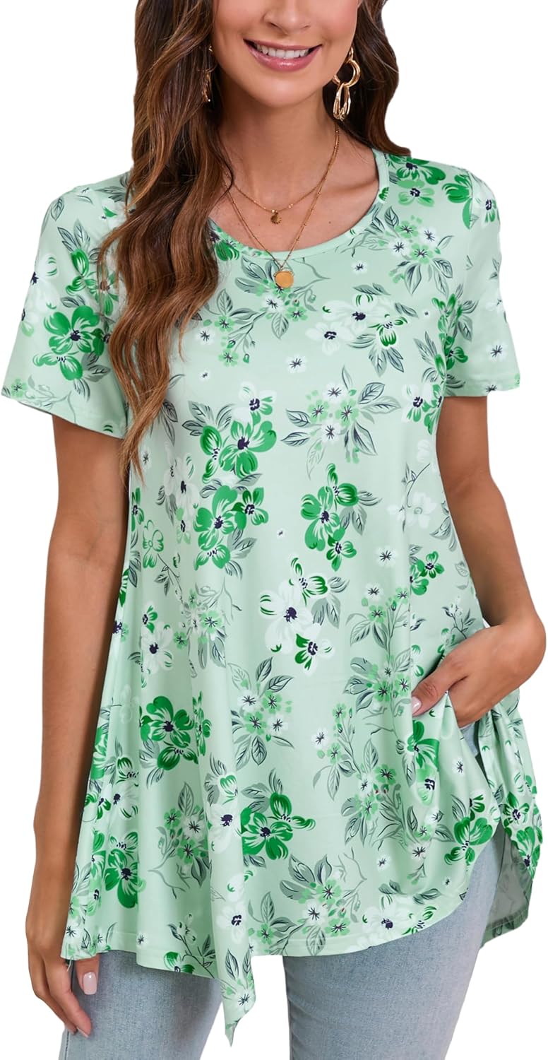 ENMAIN Tunic Tops for Women Plus Size Short Sleeve Top Loose Fit Dressy Casual Swing Summer Tunics Tops to Wear with Leggings Large Sage Green Floral