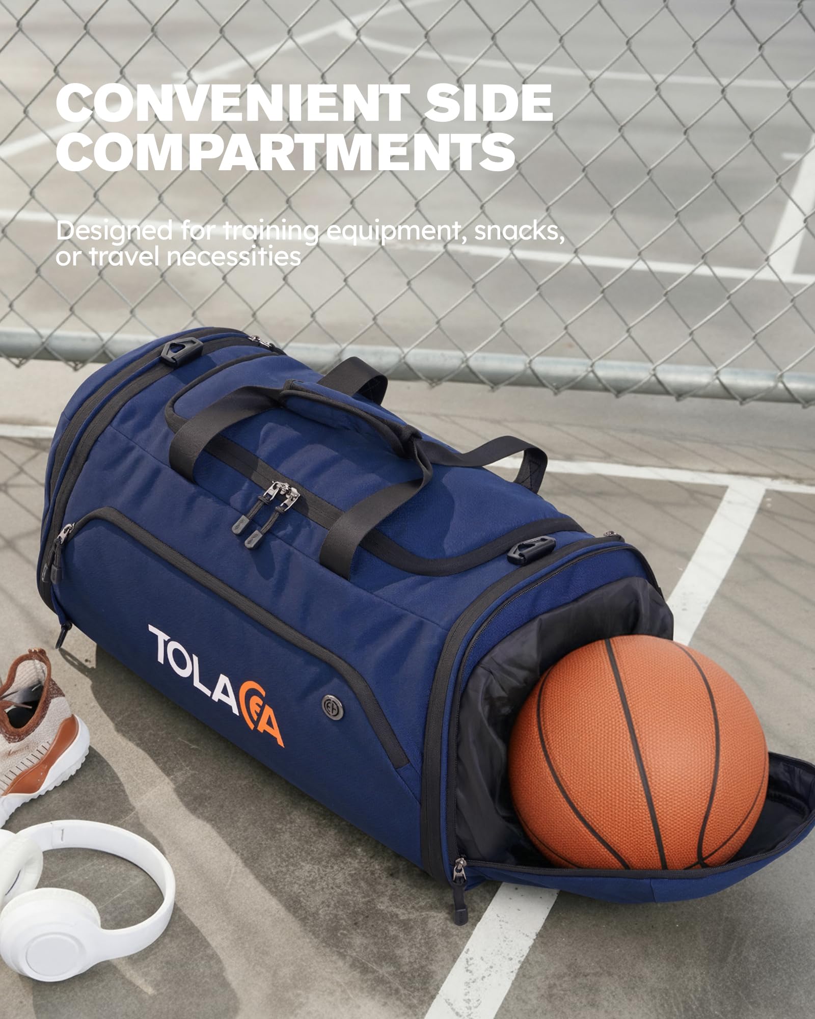 Tolaccea Sporttasche 56–70L erweiterbare Reisetasche mit Schuhfach & Nassfach, als Rucksack tragbar, Blau
