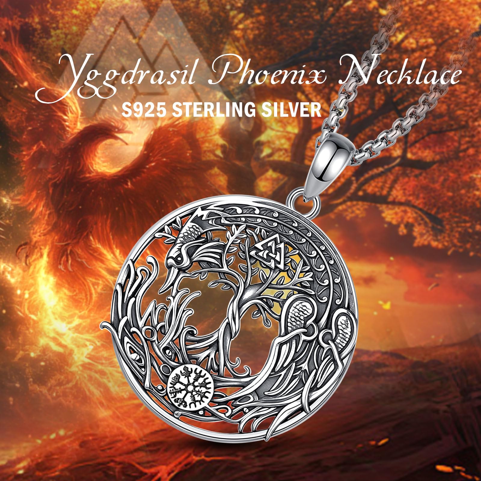 Wikinger Lebensbaum Wolf Mond Kette für Damen Herren Sterling Silber 925, Yggdrasil Phönix/Drachen Mond Triskele Anhänger Nordische Mythologie Schmuck Geschenk für Frauen Herren