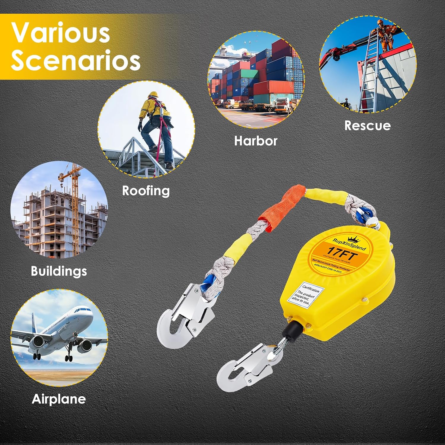 Fall Arrester Protector Self Retractable 17FT Fall Protection Gear Double Locking, Dual PPE+Alloy Steel housing Heavy Duty Lifeline Safety Lanyard Rope Cable Wire Roofing Construction