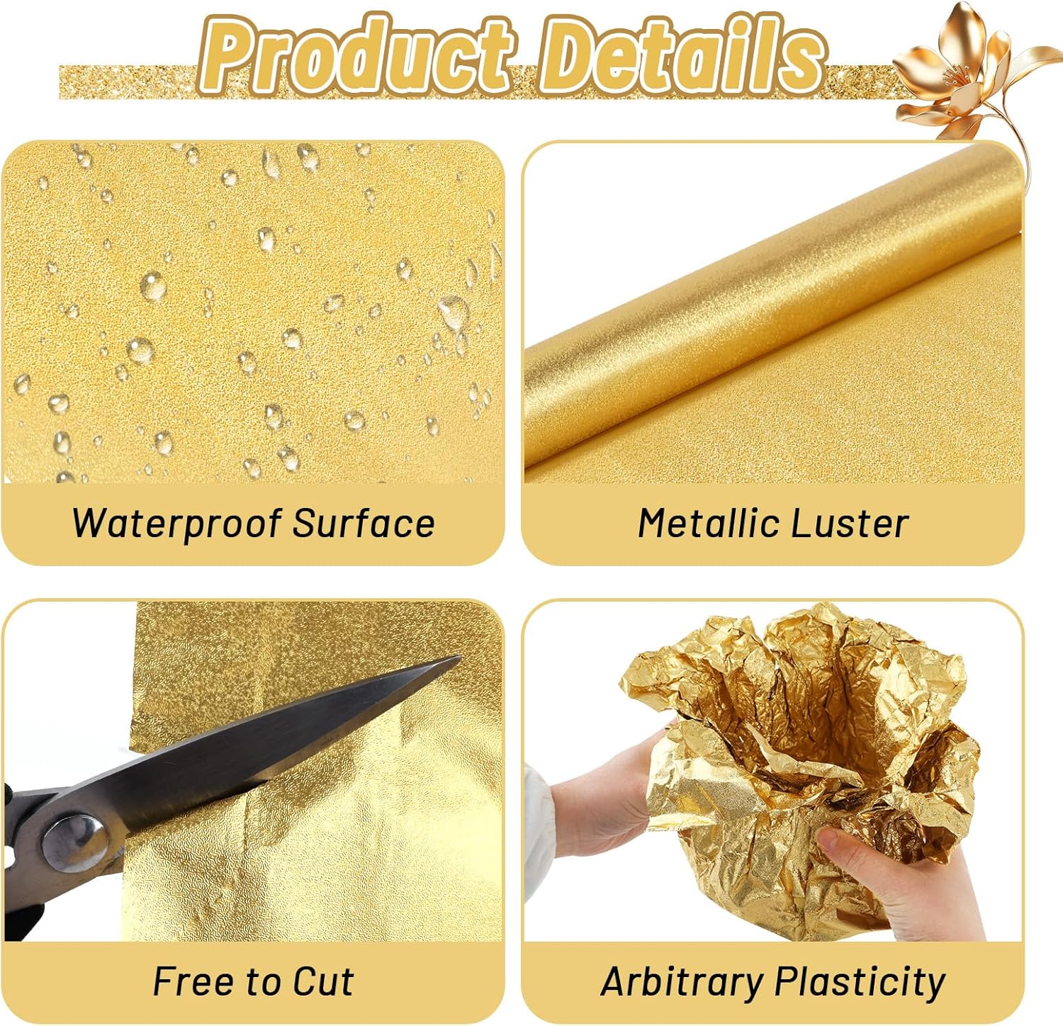 Vicosela 4 Rolls 5.5 Yard Floral Foil Plant Pot Covers, Matte Texture Plant Pot Foil, Golden Flower Pot Wrapping Paper for Valentine's Day Mother's Day Christmas Home Flower Pot DIY Decor