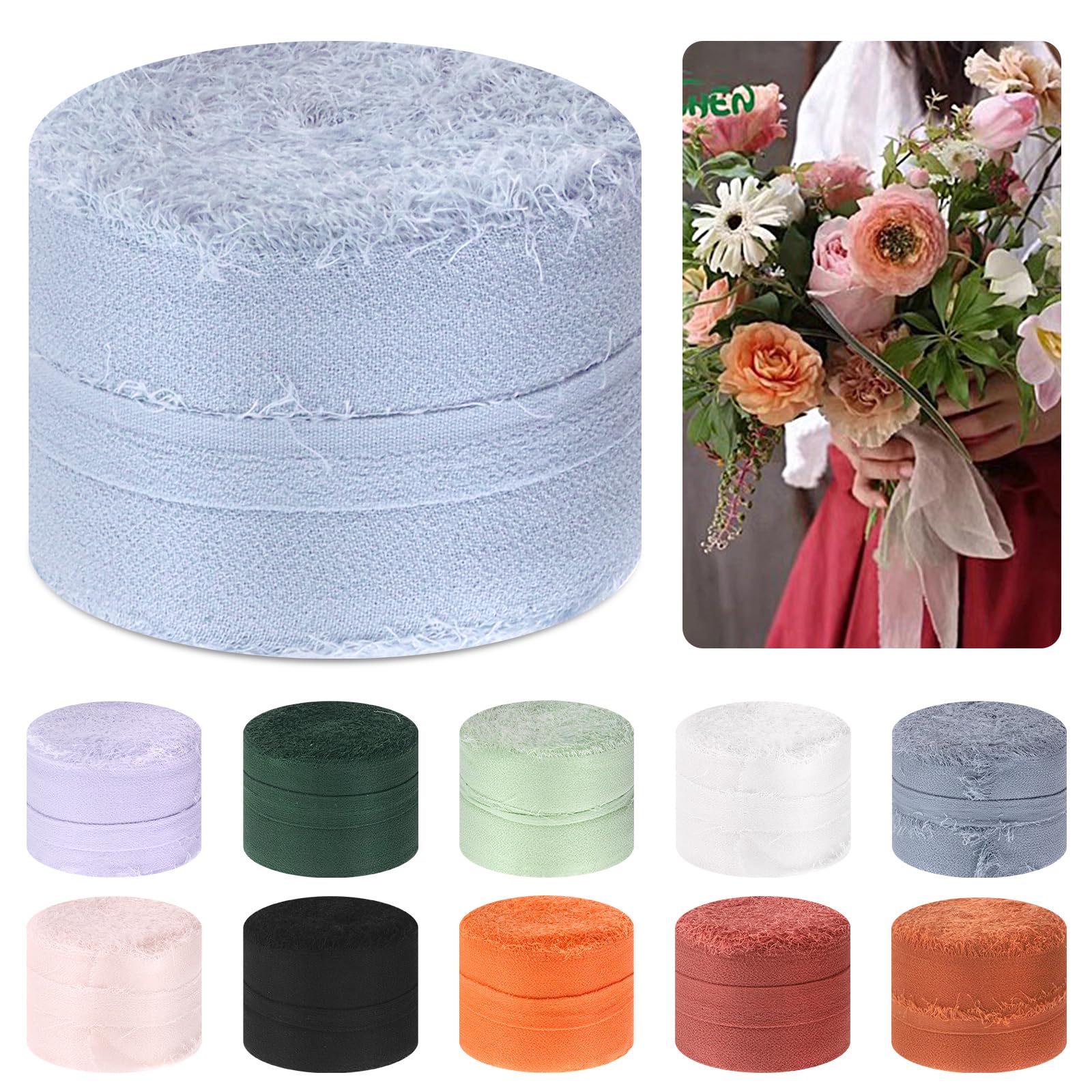 Mardatt 1 Roll 1.5" x 11 Yard Chiffon Ribbon Handmade Fringe Chiffon Silk Ribbon Fabric Ribbon for DIY Craft Wedding Invitations Bridal Bouquets(Light Haze Blue)