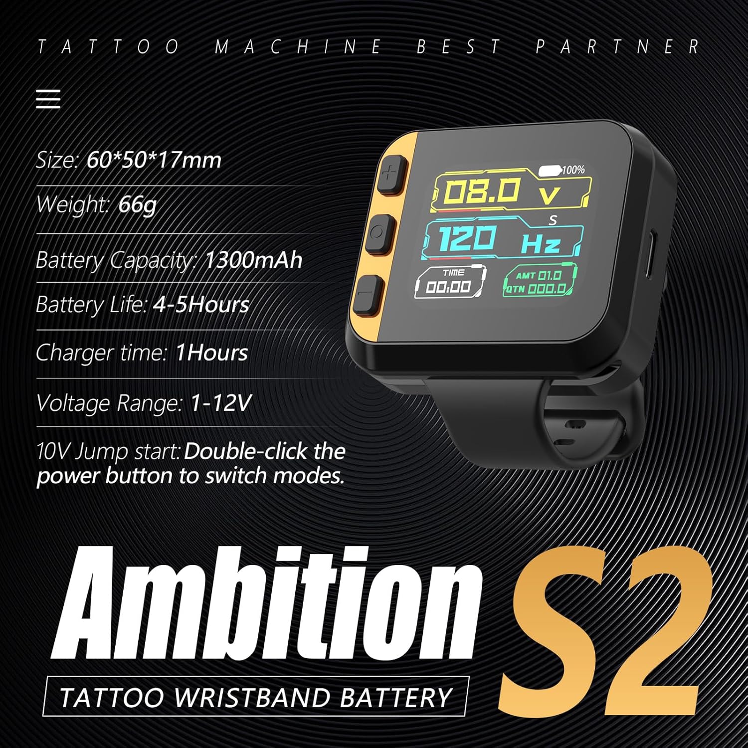 Tattoo Power Supply - Ambition S2 Touch Screen Tattoo Battery Wristband,1300mAh Portable Supply RCA Tattoo with LCD Touch Display Lithium Battery for Rotary Tattoo Machine