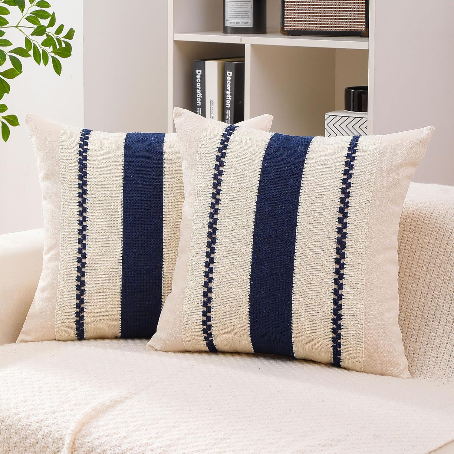 Boho Throw Pillow Covers Set of 2 Linen Farmhouse Pillow Covers 18x18,Rustic Decorative Throw Pillow Cover for Couch,Bed,Living Room (Navy Blue, 20" x 20") 8-navy Blue 20" x 20" (Pack of 2)