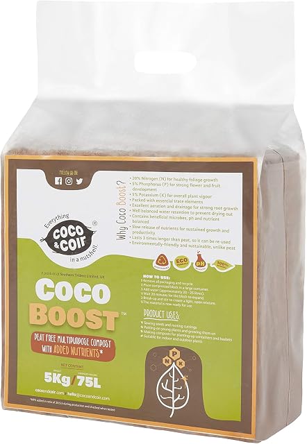Coco & Coir All Purpose Compost. Peat-free Coco Soil for Plants Indoors. Potting Soil Fertilised with NPK - Coco Boost (75L)