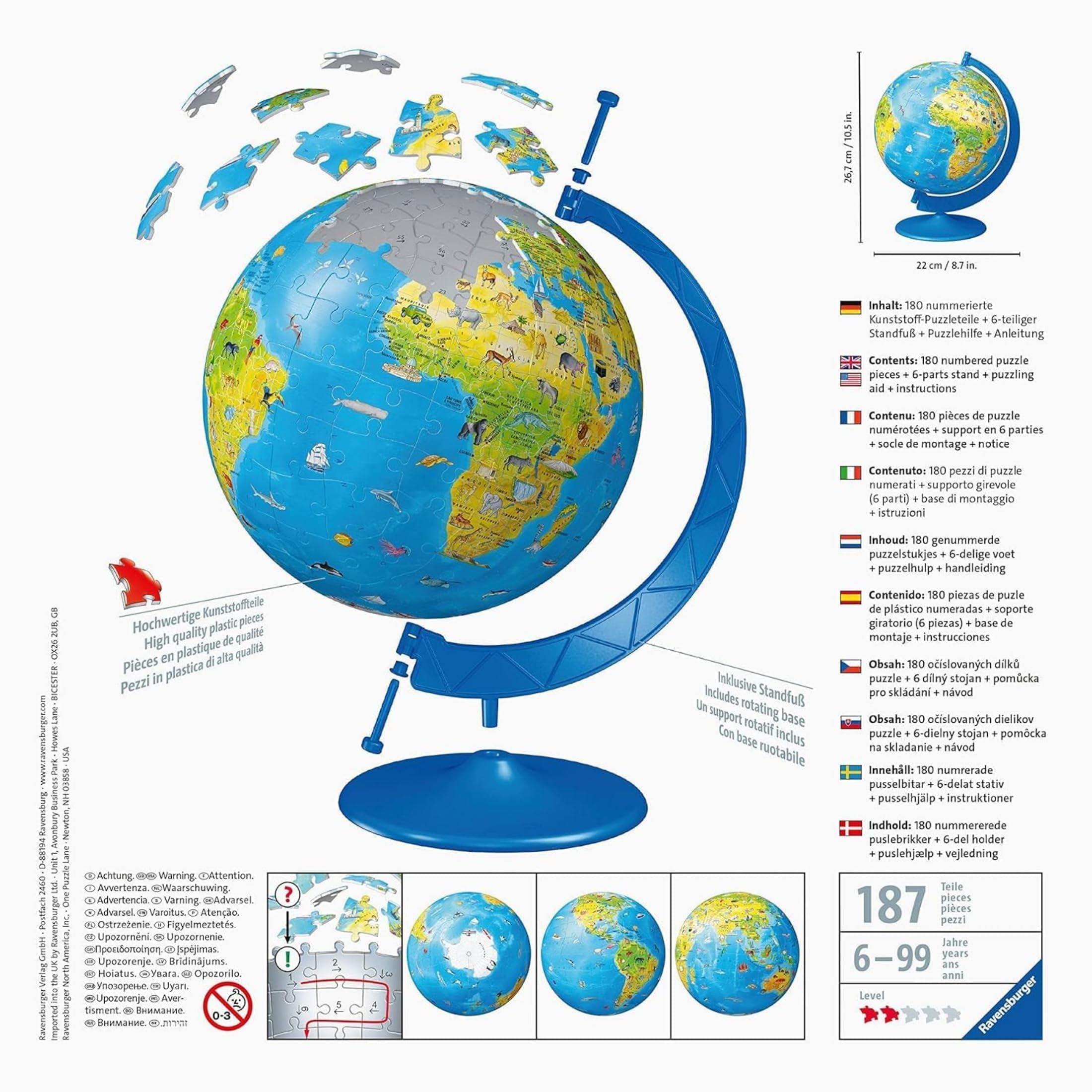 Ravensburger - Puzzle 3D Globo Terrestre Impara La Geografia Con Gli Animali | Puzzle 3d Bambini A Partire Dai 6 Anni | Modellismo Da Costruire Bambini Di 180 Pezzi | Regalo Bambino 6 Anni E Più