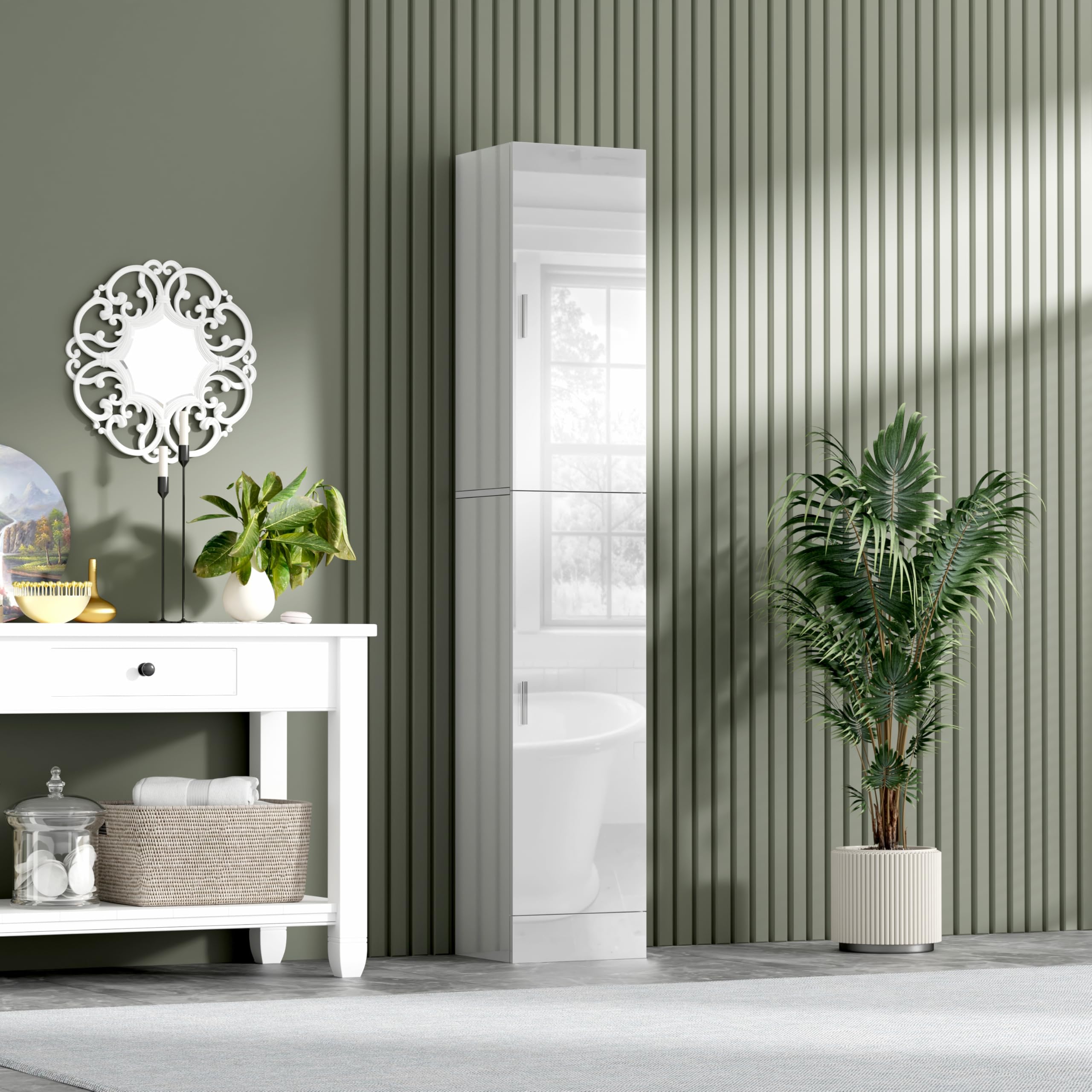 BSTSEL 190cm White High Gloss Tall Bathroom Cabinet Free Standing Storage Cupboard Tallboy with Handles Left and Right Doors Opening High Gloss Storage Cupboard with Adjustable Shelves