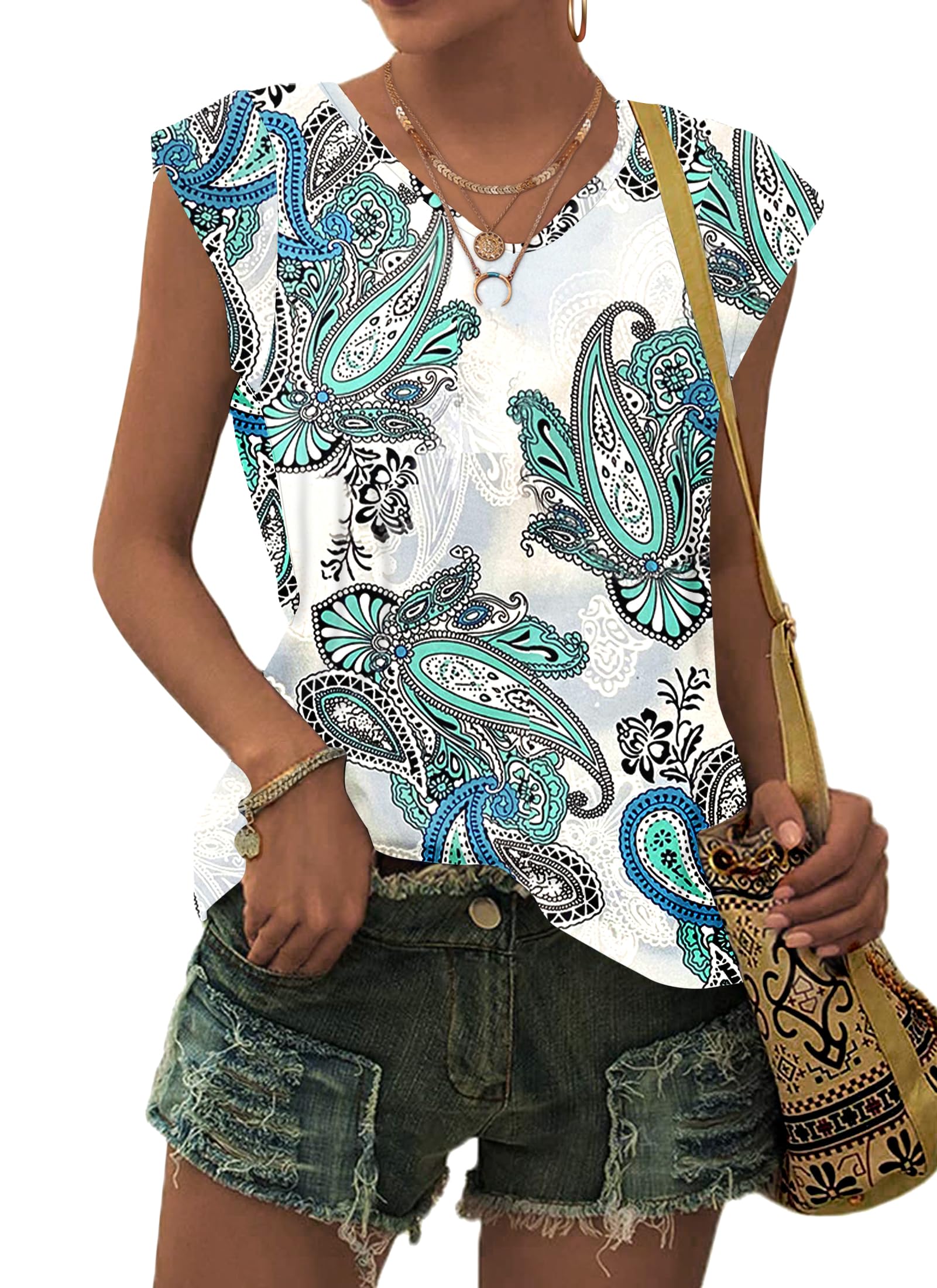 PLMOKEN T-Shirt Sommer Tank Top Damen - Ärmelloses Blusenshirt V Ausschnitt Blusen Shirts Oberteile Offset Bedrucktes Top