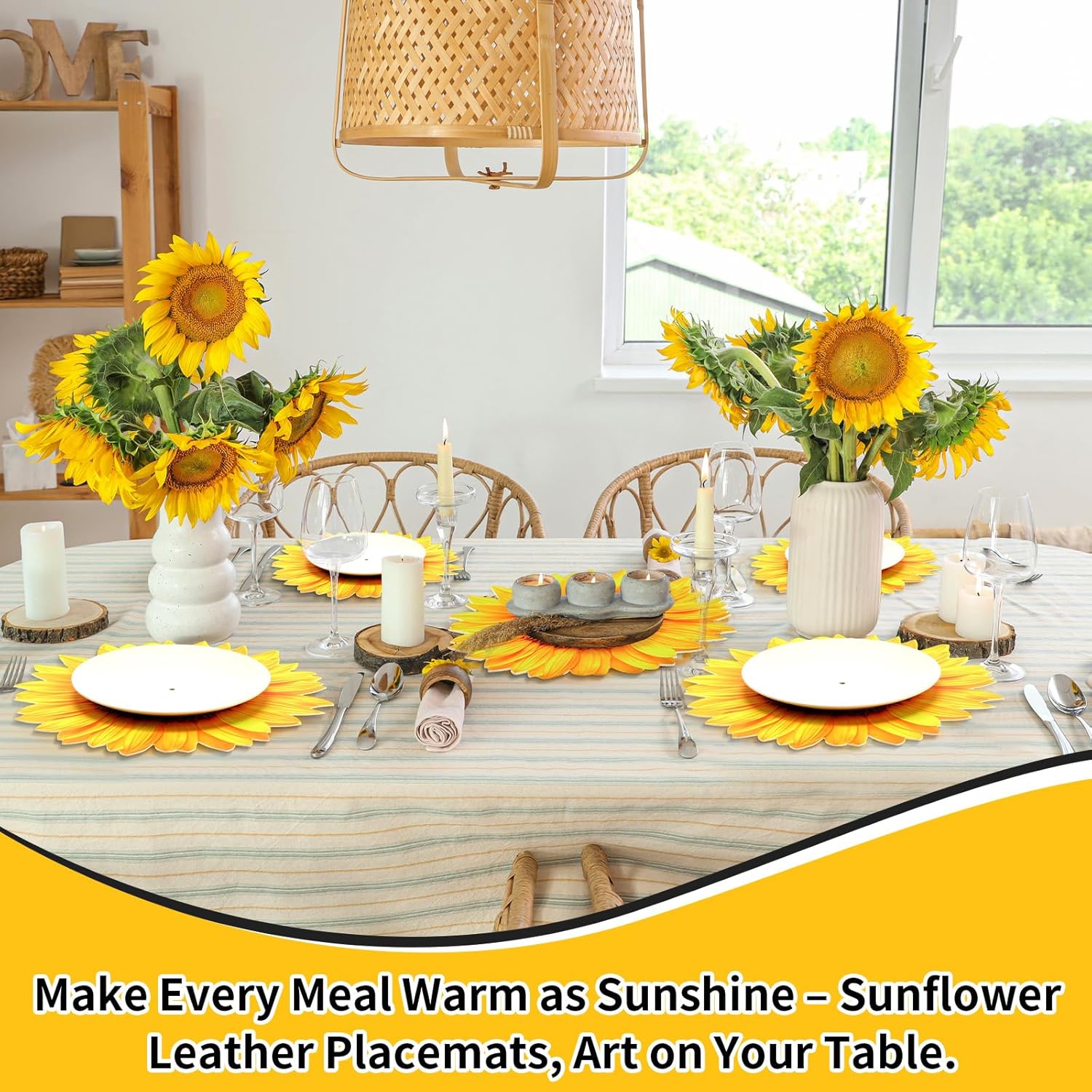 Remerry Leather Summer Sunflower Placemats Set of 6 Sunflower Shape Table Mat Washable Summer Floral Place Mats for Spring Tables Home Kitchen Dining Indoor Outdoor Party Gift Harvest Decoration