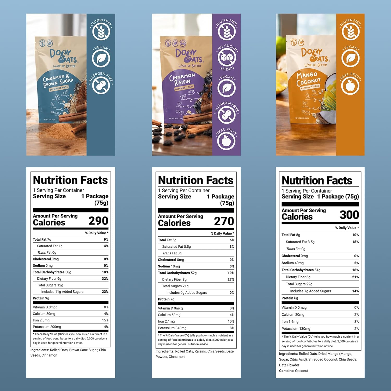 Dozy Oats Overnight Oatmeal Packets, Sampler Box with Rolled Oats, Chia Seeds, Date Powder, and Dried Fruit. Gluten-Free, Natural Source of Protein and Fiber, 10-Pack and Jar