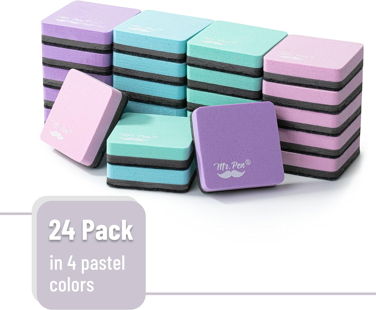 Mini Pastel Magnetic Square Whiteboard Erasers, 24-Pack