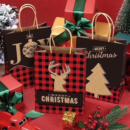 Miniatura 4 de Aneco 24 bolsas de papel kraft de Navidad, bolsas de regalo a cuadros rojos y negros con asas, bolsas de dulces de Navidad en 6 diseños, 6.3 x 3.1 x