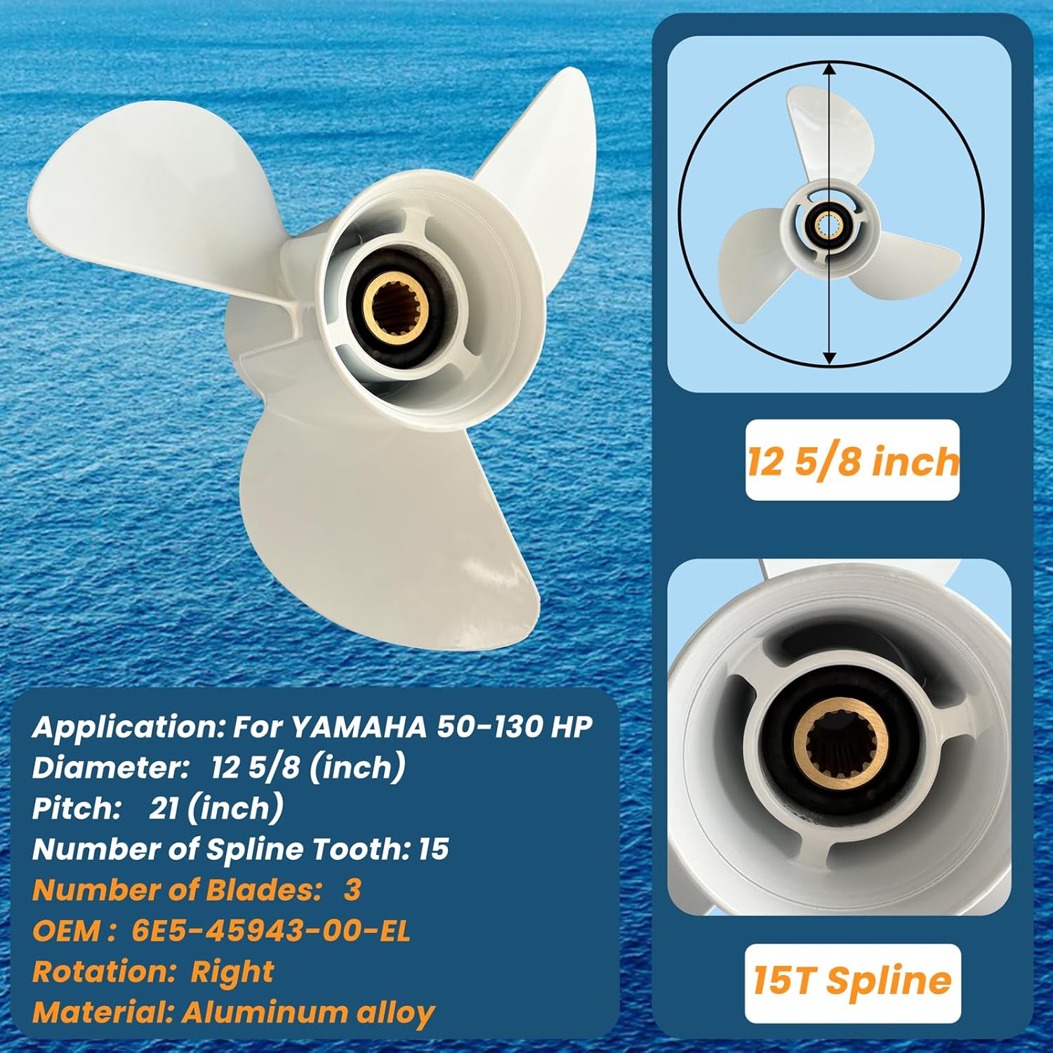 Upgrade 14×11, 13 1/2 ×15, 12 5/8×21, 13 1/2×14, 13 5/8×13 Boat Propeller For Yamaha Outboard Motor 50/60/70/75/80/85/90/100/115/130 HP,Aluminum 15 Spline RH