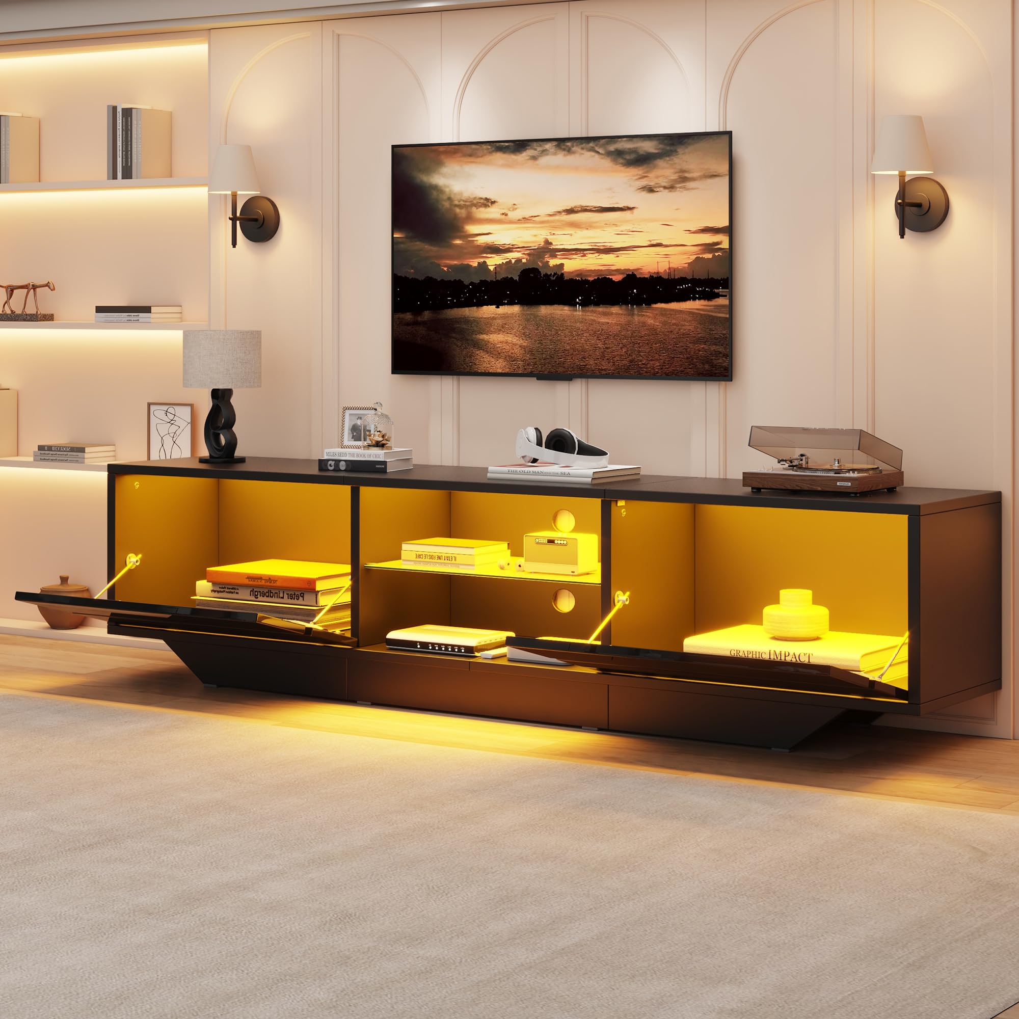 160 x 35 x 44,5 cm, armario bajo con 2 puertas de armario, armario de TV brillante con luces LED, tablero de TV, mesa de TV, mesa de televisión, adecuado para televisores de 65 pulgadas, color