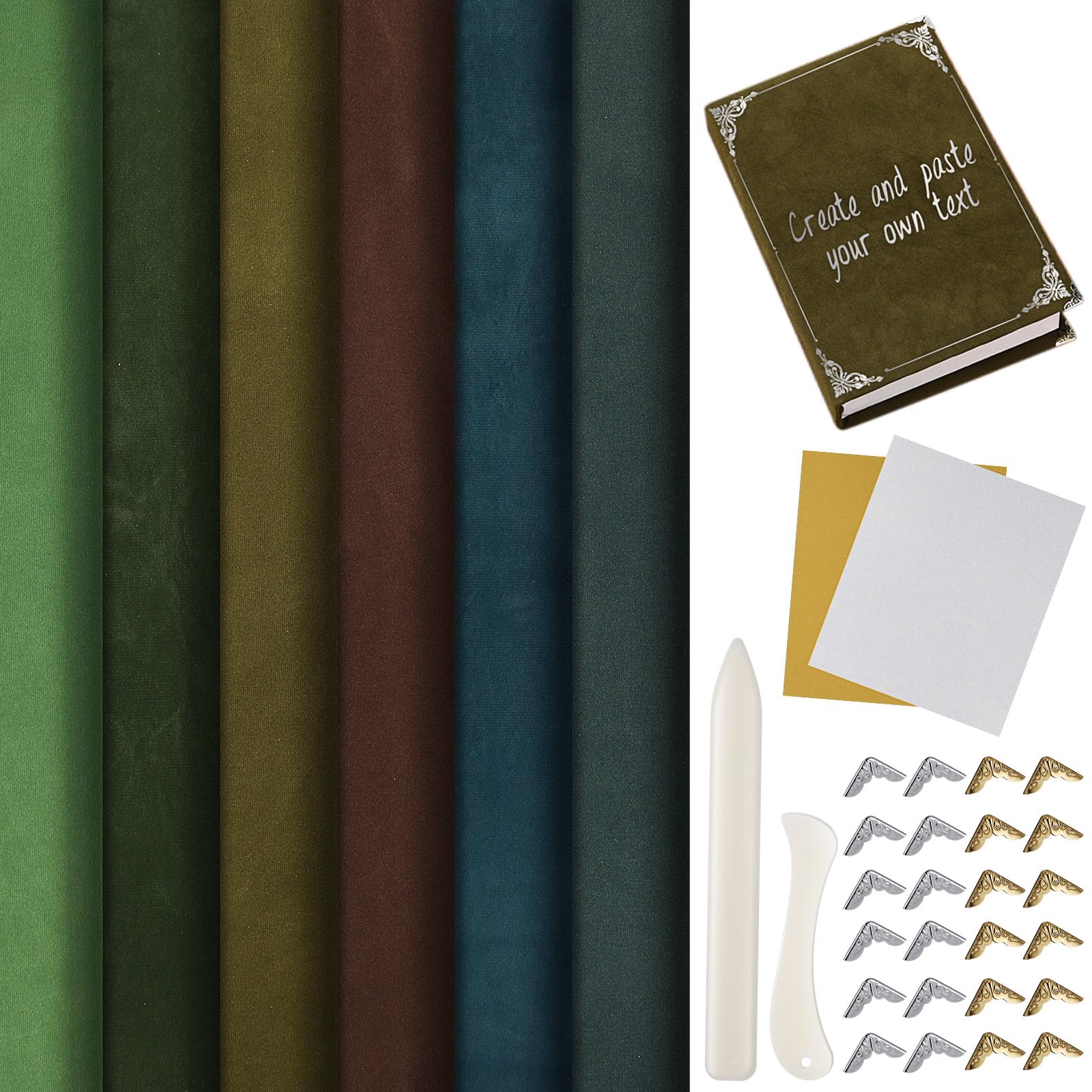 Humyoun Book Binding Cloth Kit, Includes 12''x16'' Bookcover Cloth Fabric 24 Decorative Corners 3 Iron on Vinyl Sheets Bone Folder Tools, Backing Paper,for Old Book DIY Craft Supplies (Green Series)