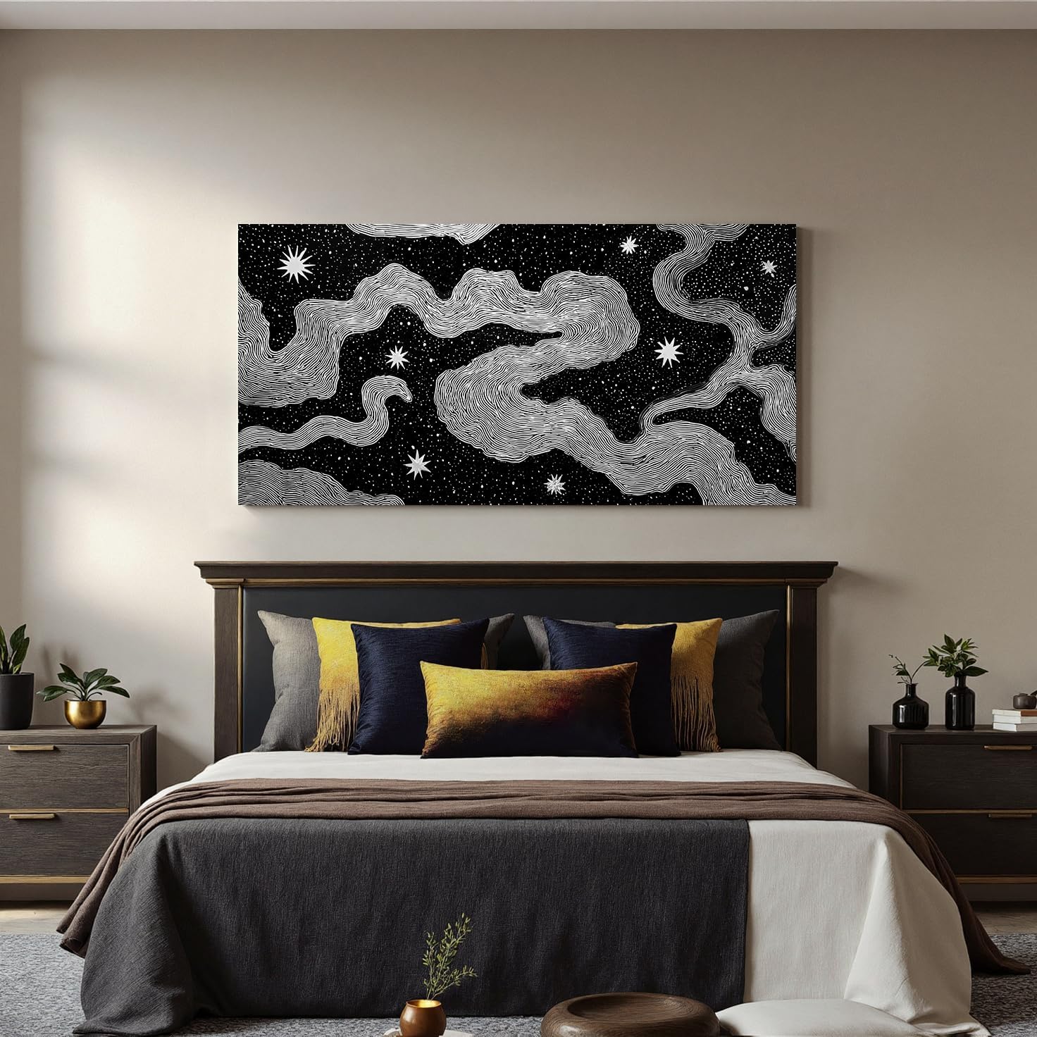 Black Abstract Wall Art Prints Stripe Canvas Art Wall Decor For Living Room Stars Abstract Art Painting Picture For Bedroom Office Home Aesthetic Wall Decoration Artwork Ready To Hang 20 X 40 ‼️unused‼️