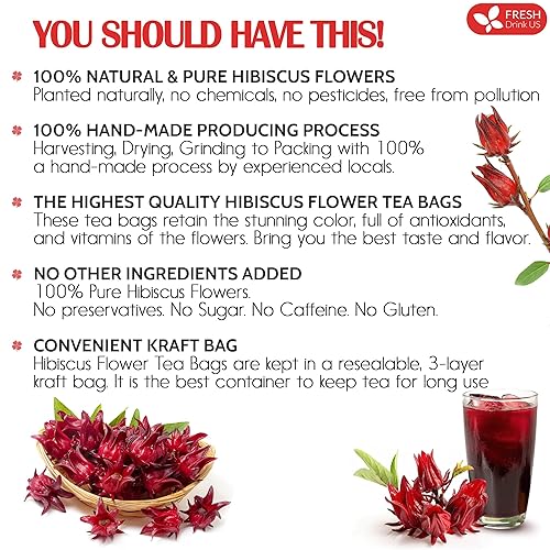 Miniatura 3 de FreshDrinkUS, 140 bolsas de té de flores de hibisco premium, 100% natural, puro de flores de hibisco. Té de hierbas de hibisco de flores sueltas. Té
