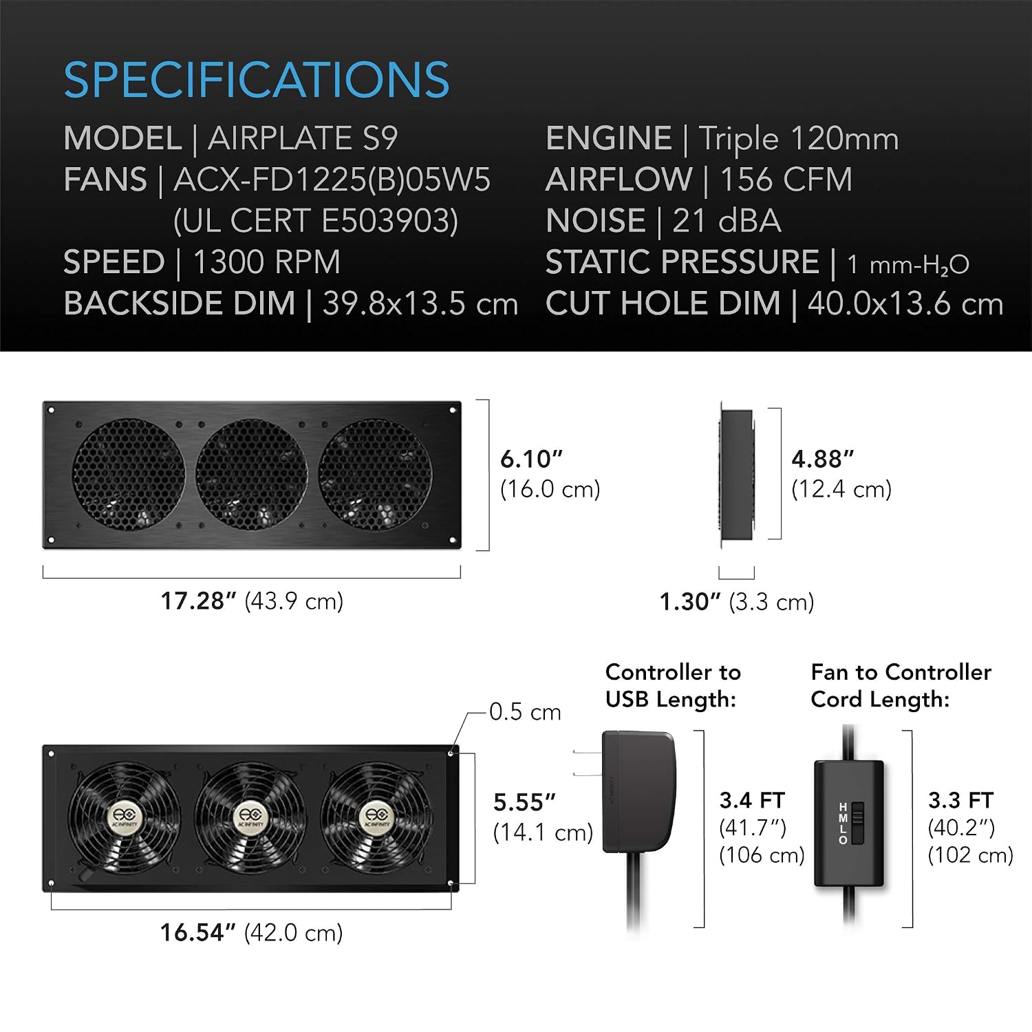 AC Infinity AIRPLATE S9, Quiet Cooling Fan System 18" with Speed Control, for Home Theater AV Cabinet Cooling