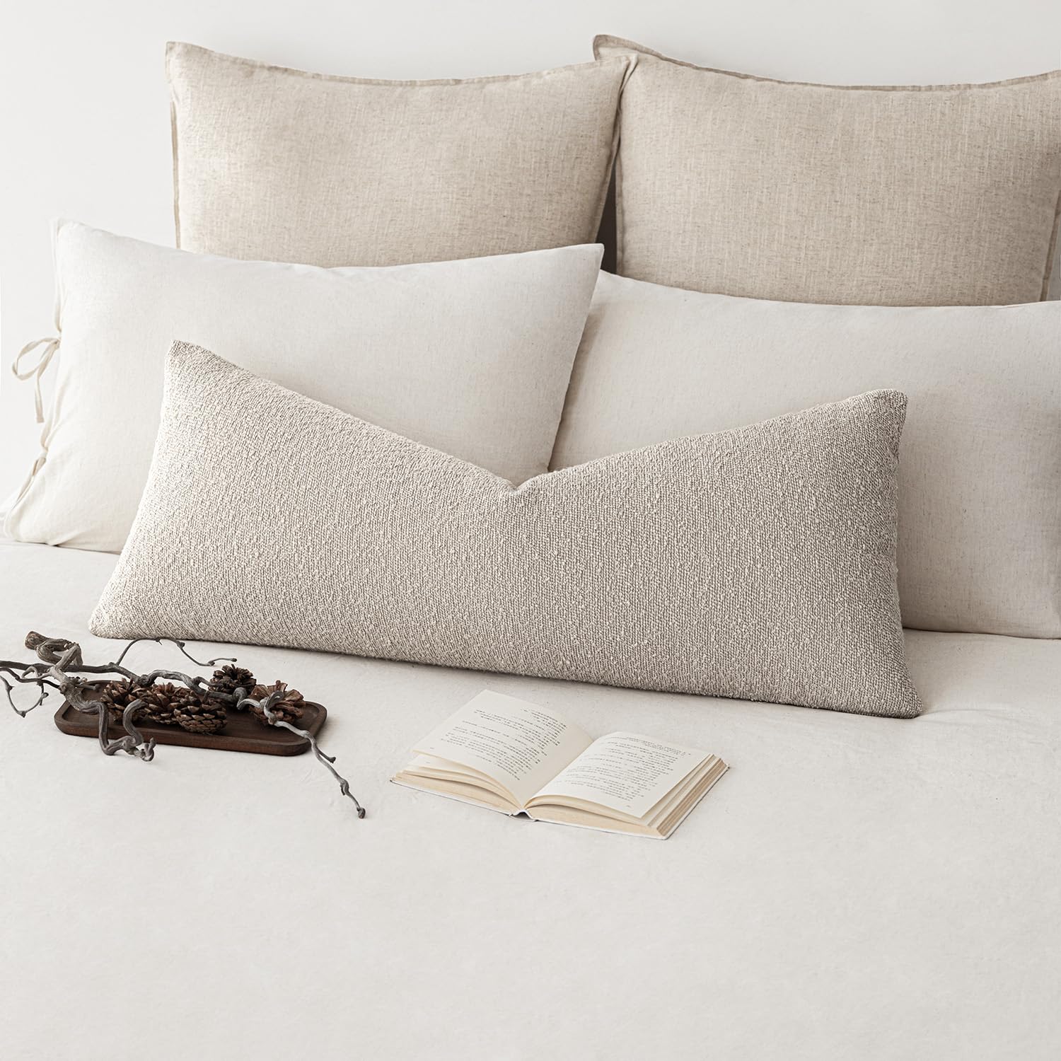 Foindtower Decorative Textured Boucle Throw Pillow Covers Accent Solid Pillow Cases Neutral Long Body Lumbar Couch Cushion Case for Chair Sofa Bedroom Living Room Home Decor 14x36 Inch,1PC,Oatmeal
