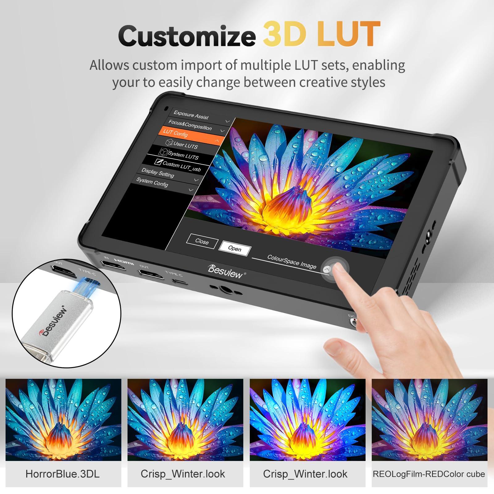 Desview OL7 Fotocamera Field Monitor 7 ", 1200 nits OLED Touch Screen Fledmonitor 4K HDMI con 3D LUT HDR Forma d'onda Istogramma Peaking Focus Full Funzione per videocamera DSLR