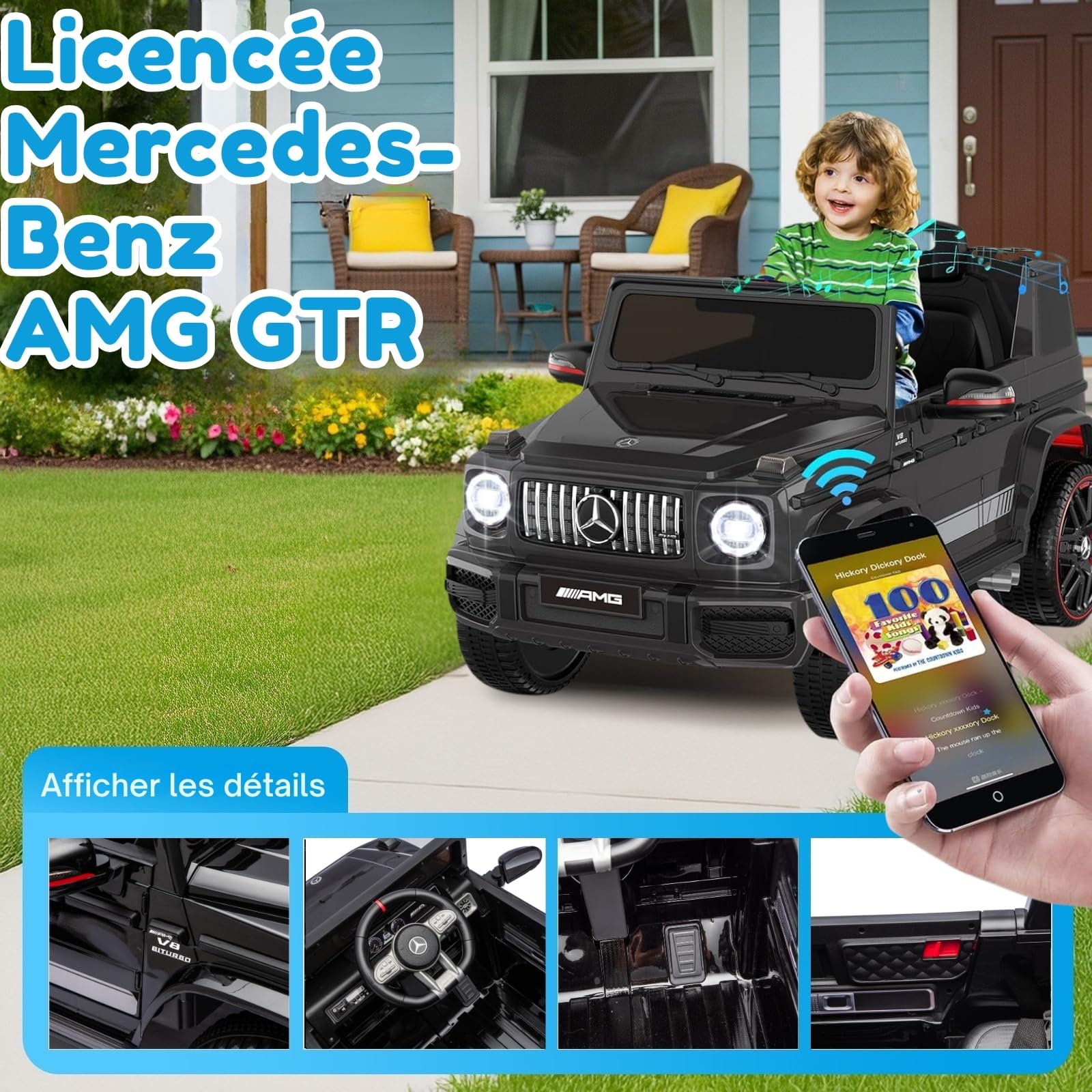 LALAHO Voiture électrique pour Enfants G63，Véhicule Electrique Enfant 3 à 6 Ans avec Télécommande 2.4G，2 Portes avec MP3 (Noir)