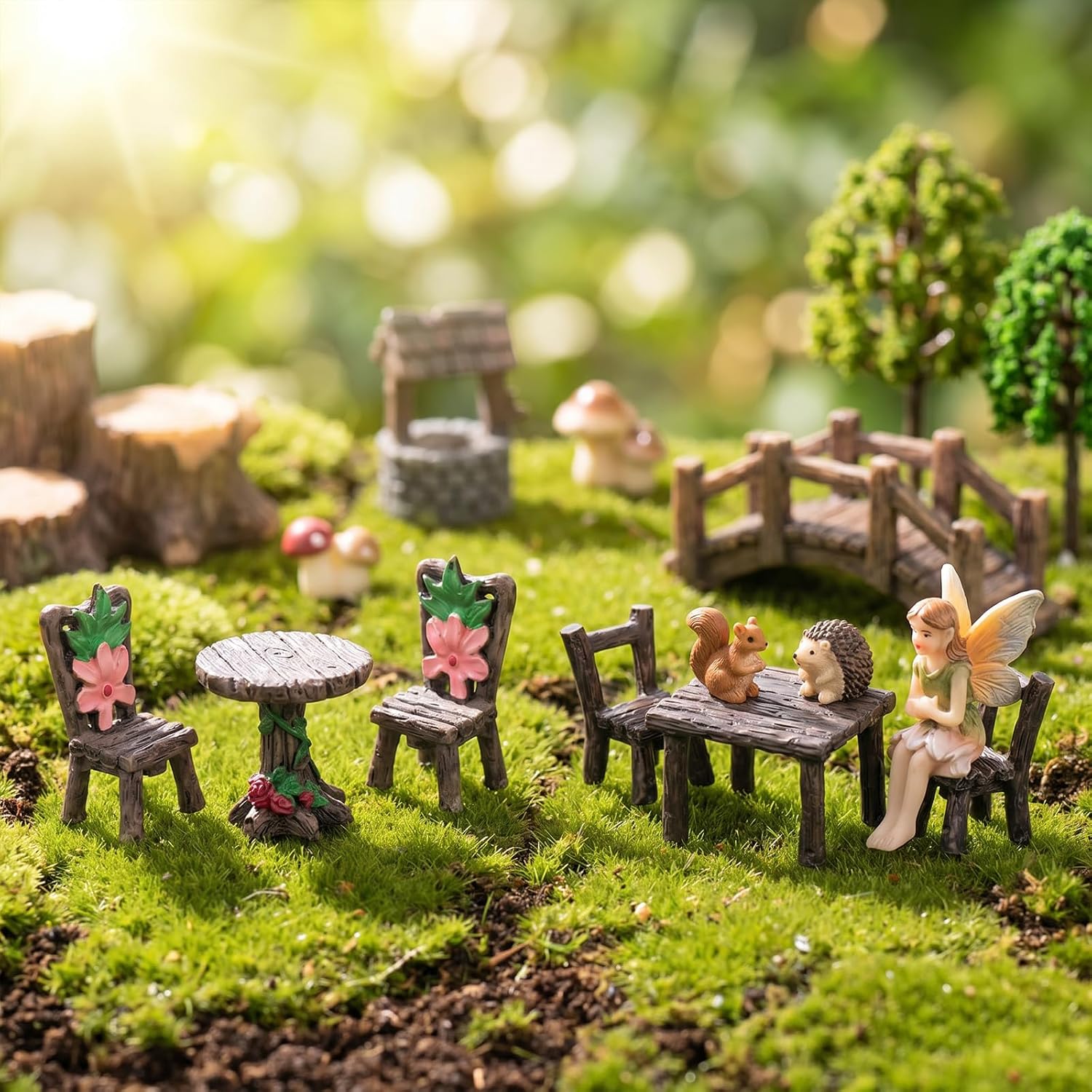 6Pcs Mini Fairy Garden Accessories, Miniature Table and Chairs Set, Village Micro Resin Chairs Table Kit for Dollhouse Accessories Home Micro Landscape