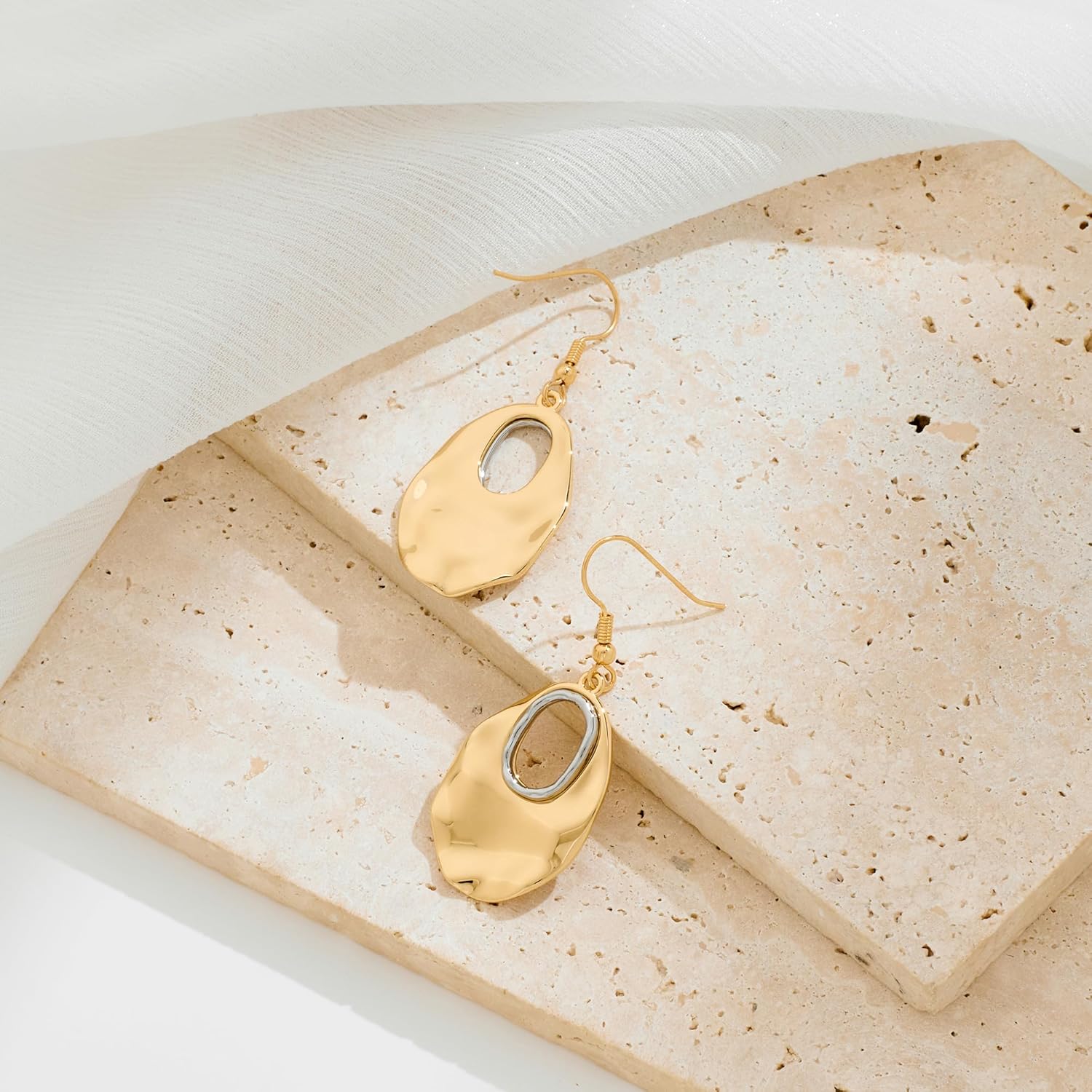 Two Tone Hammered Earrings for Women Teardrop Dangle Earrings 18K Gold Plated Mixed Metal Statement Earrings Jewelry Gifts - Image 5