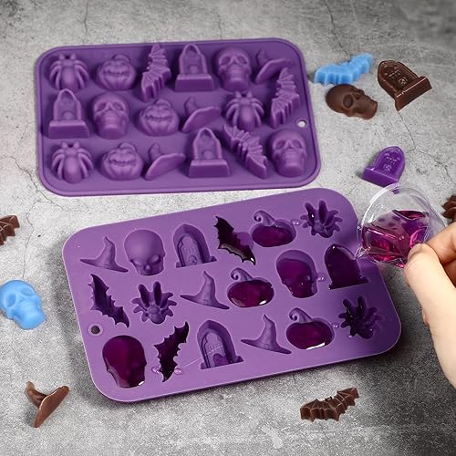 Miniatura 6 de Webake Moldes de silicona 3D para dulces de Halloween con 18 cavidades con forma de calavera, calabaza, sombrero de bruja, murciélago y araña,
